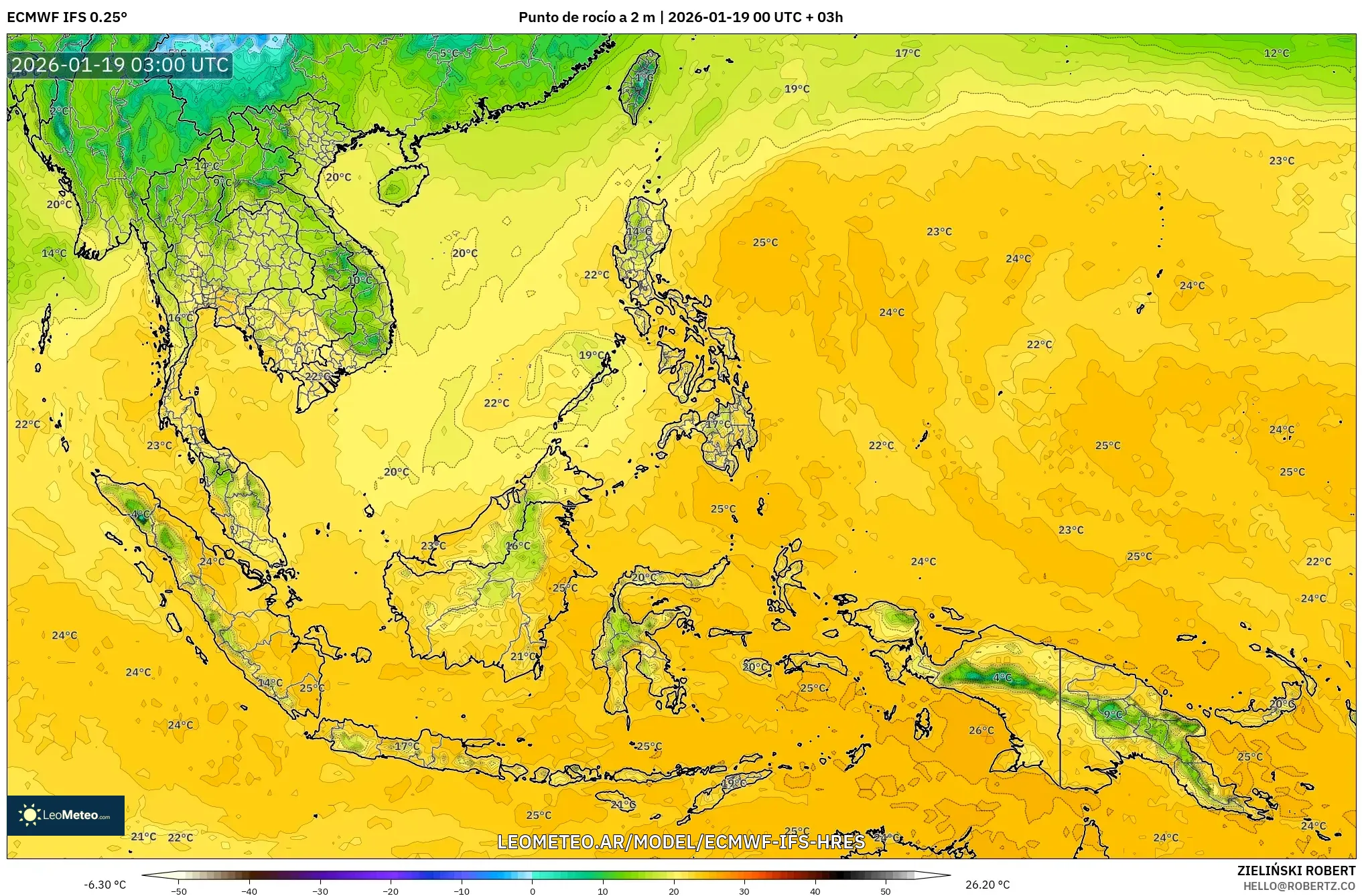 ECMWF IFS 0.25° model - Sudeste Asiático, Punto de rocío a 2 m