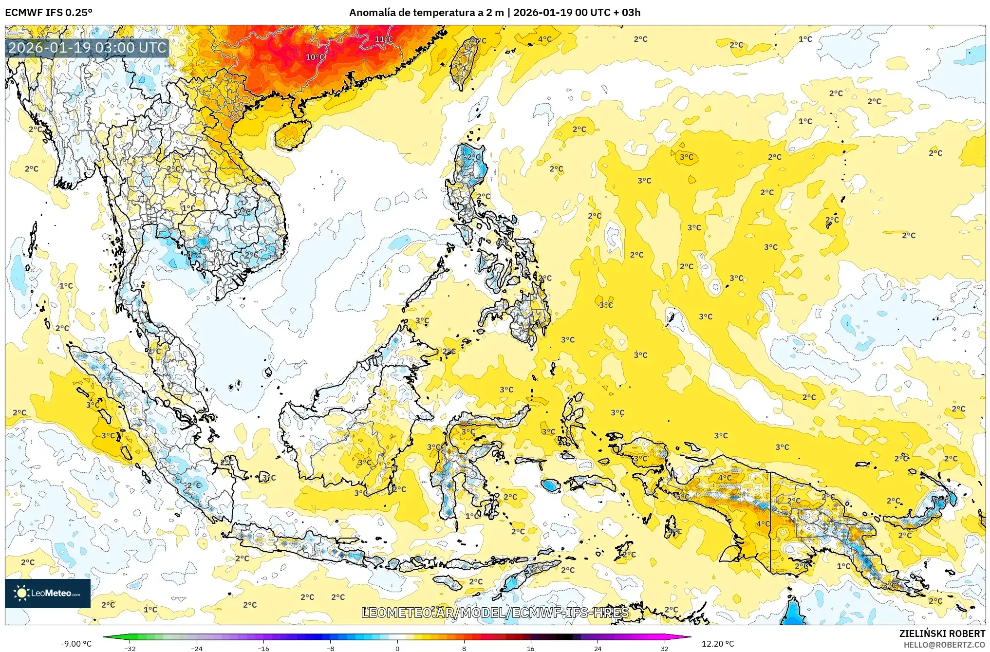 ECMWF IFS 0.25° model - Sudeste Asiático, Anomalía de temperatura a 2 m