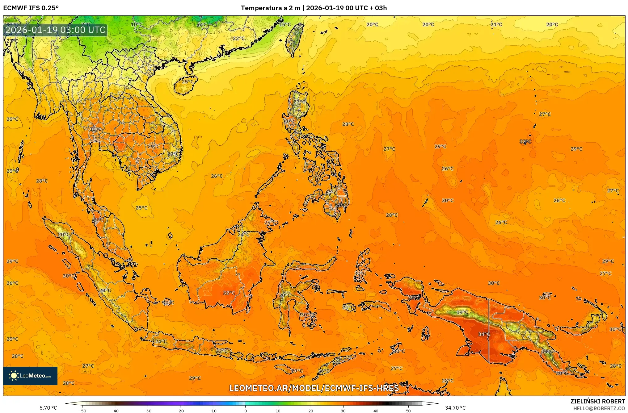 ECMWF IFS 0.25° model - Sudeste Asiático, Temperatura a 2 m