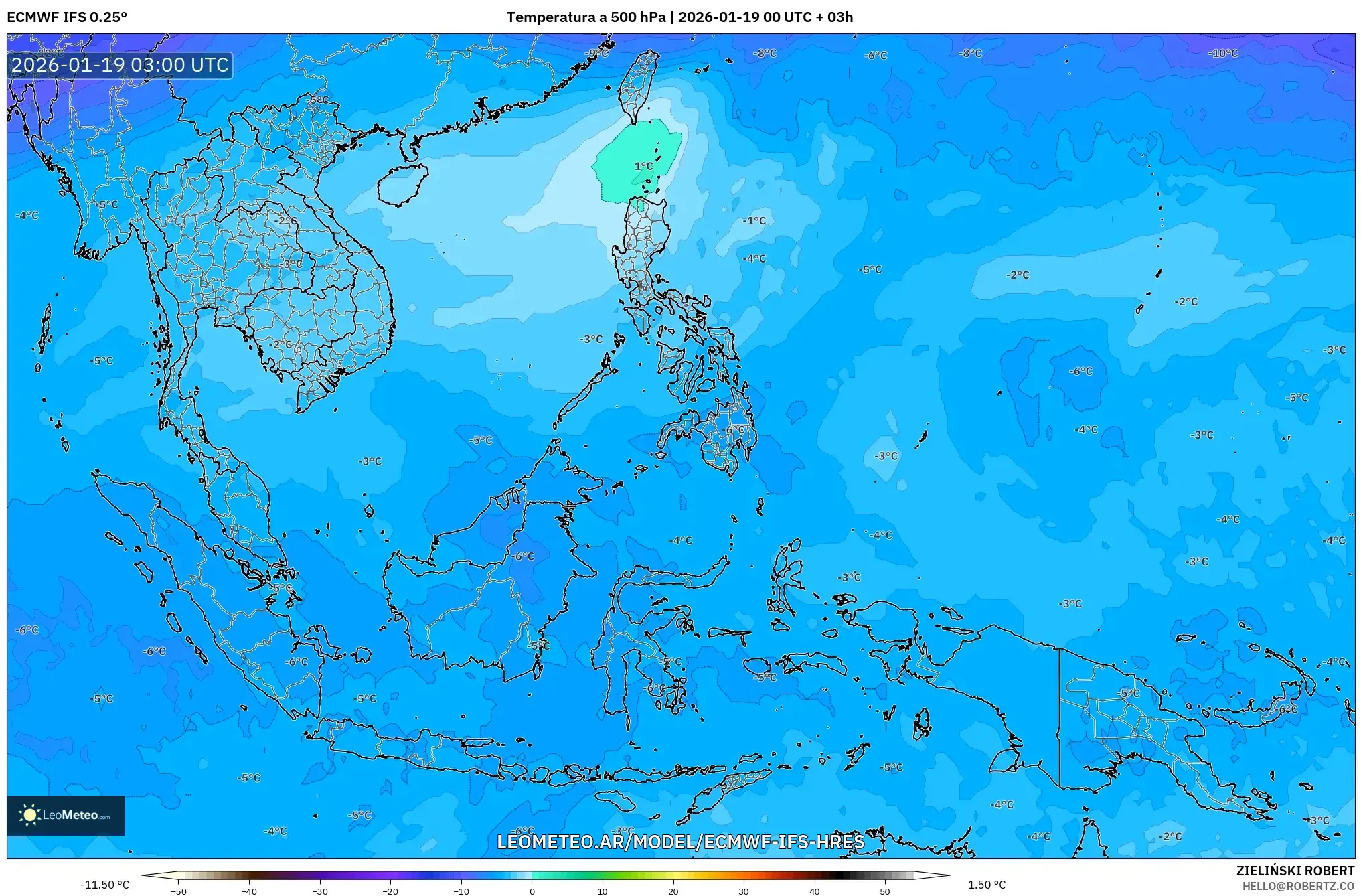 ECMWF IFS 0.25° model - Sudeste Asiático, Temperatura a 500 hPa