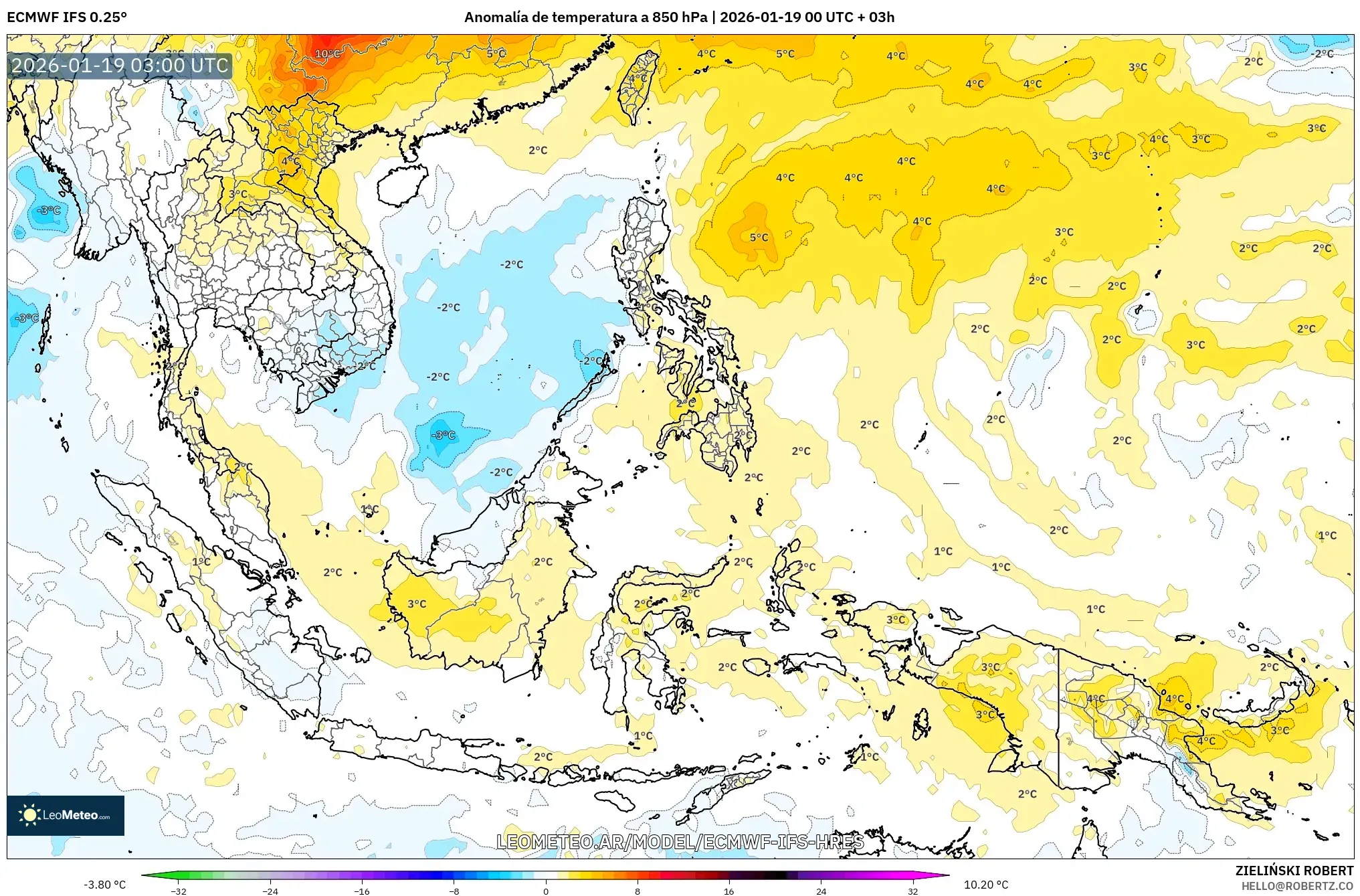 ECMWF IFS 0.25° model - Sudeste Asiático, Anomalía de temperatura a 850 hPa