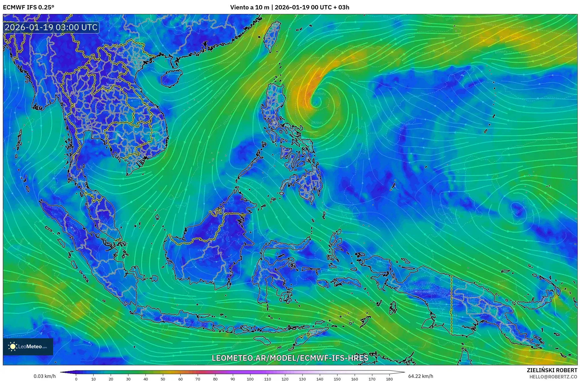 ECMWF IFS 0.25° model - Sudeste Asiático, Viento a 10 m