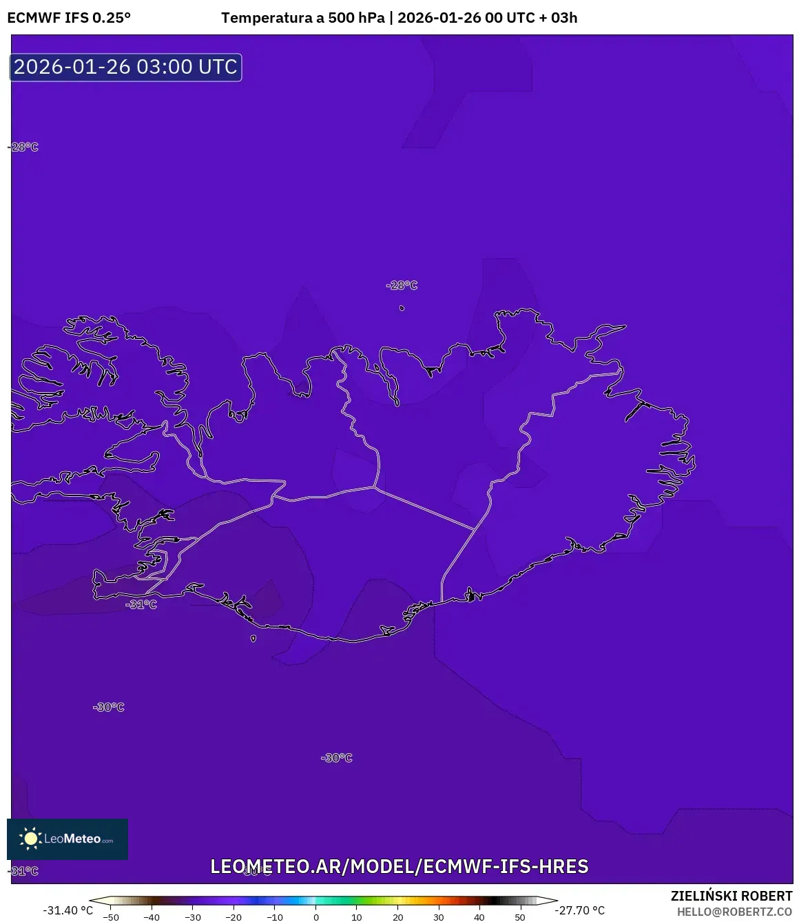 ECMWF IFS 0.25° model - Islandia, Temperatura a 500 hPa