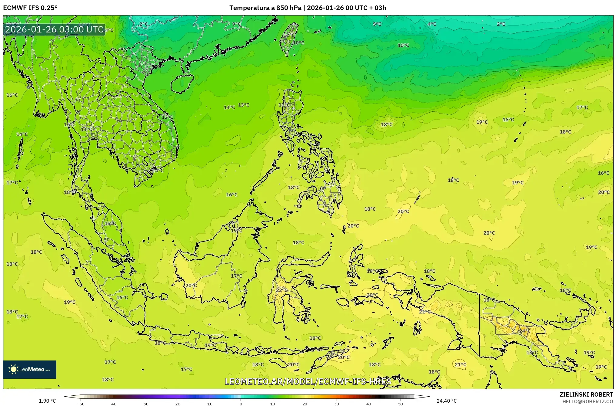 ECMWF IFS 0.25° model - Sudeste Asiático, Temperatura a 850 hPa