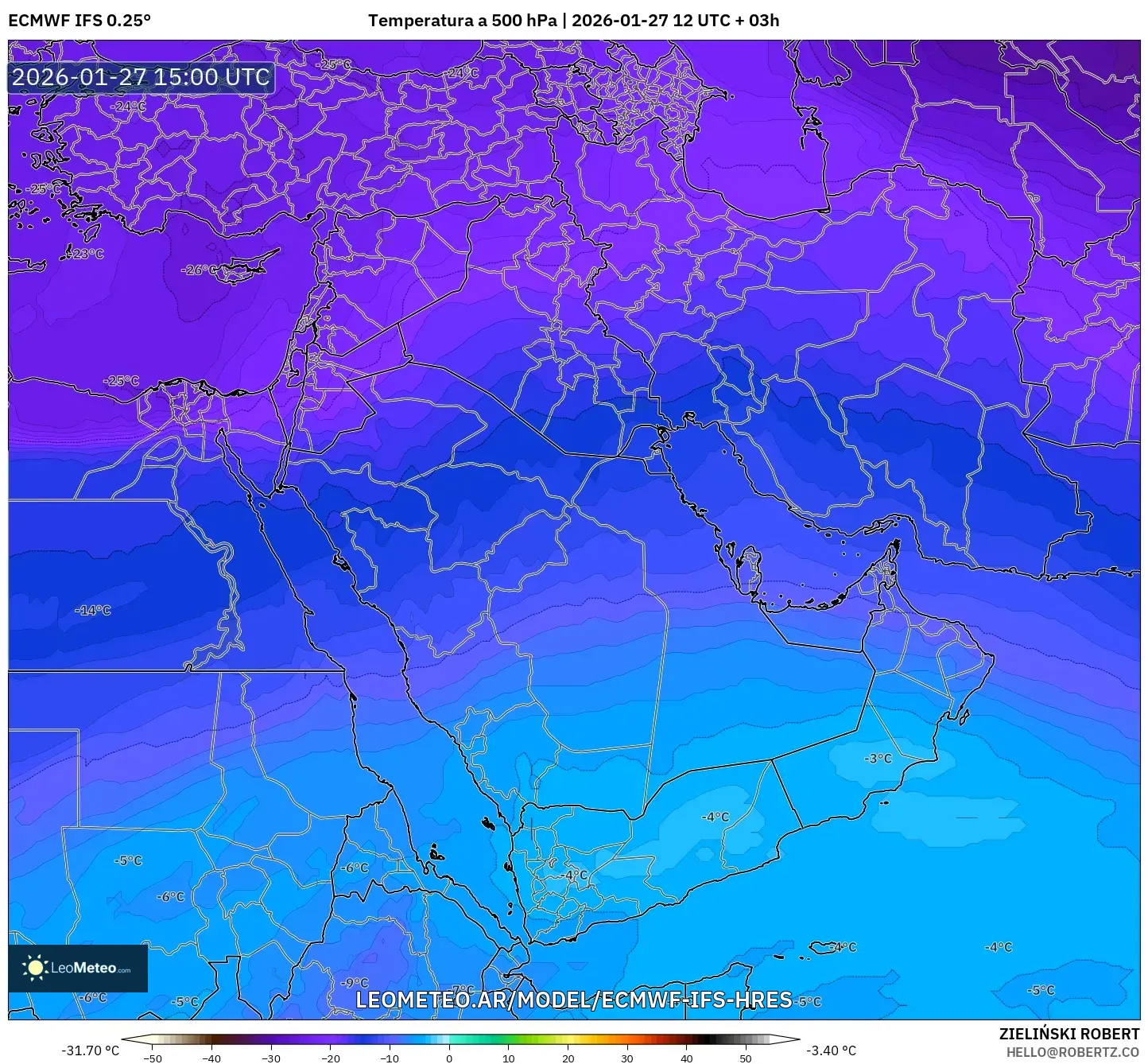 ECMWF IFS 0.25° model - Oriente Medio, Temperatura a 500 hPa