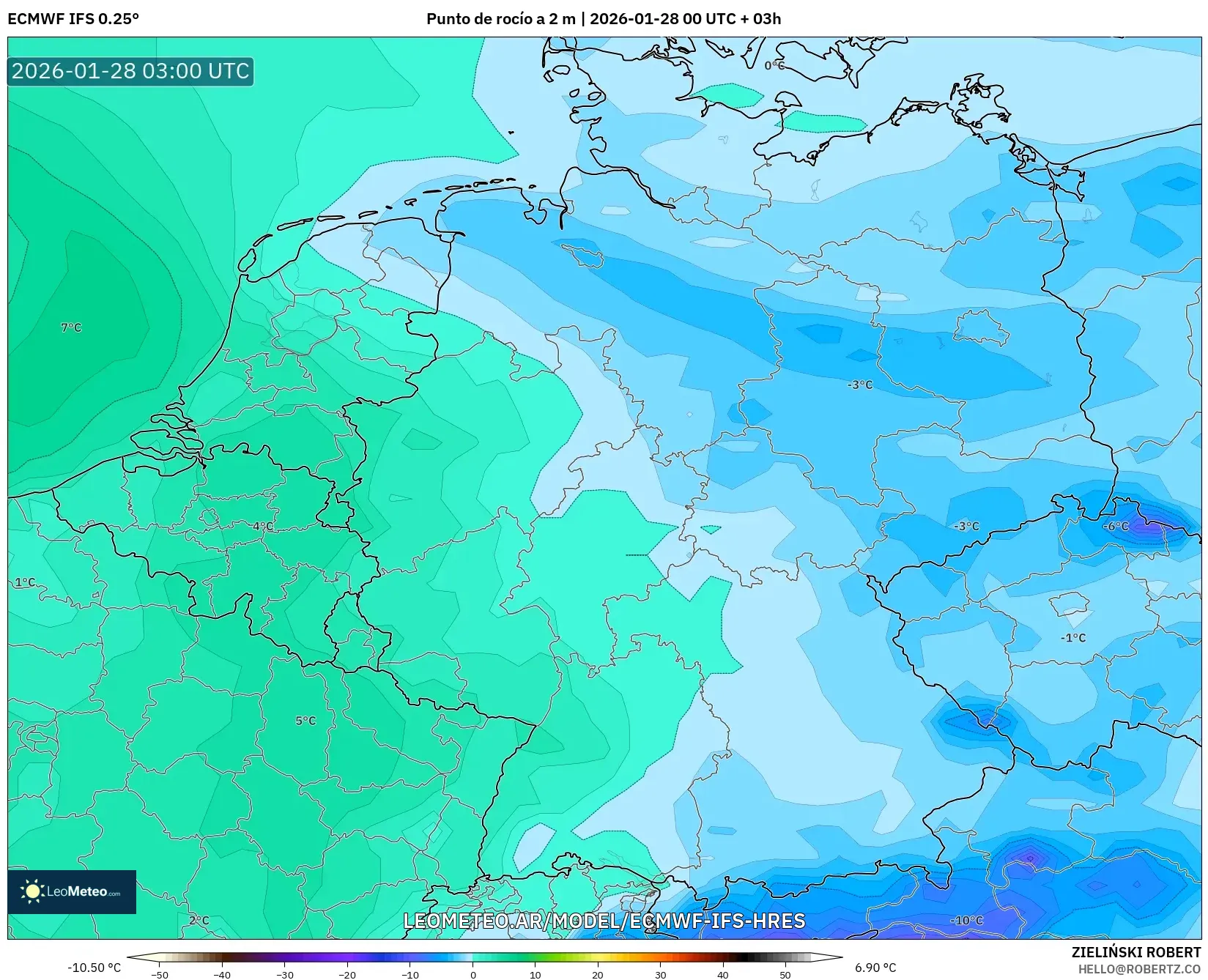 ECMWF IFS 0.25° model - Alemania, Punto de rocío a 2 m