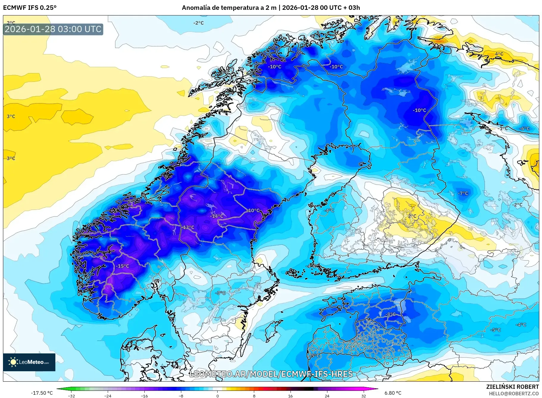 ECMWF IFS 0.25° model - Escandinavia, Anomalía de temperatura a 2 m