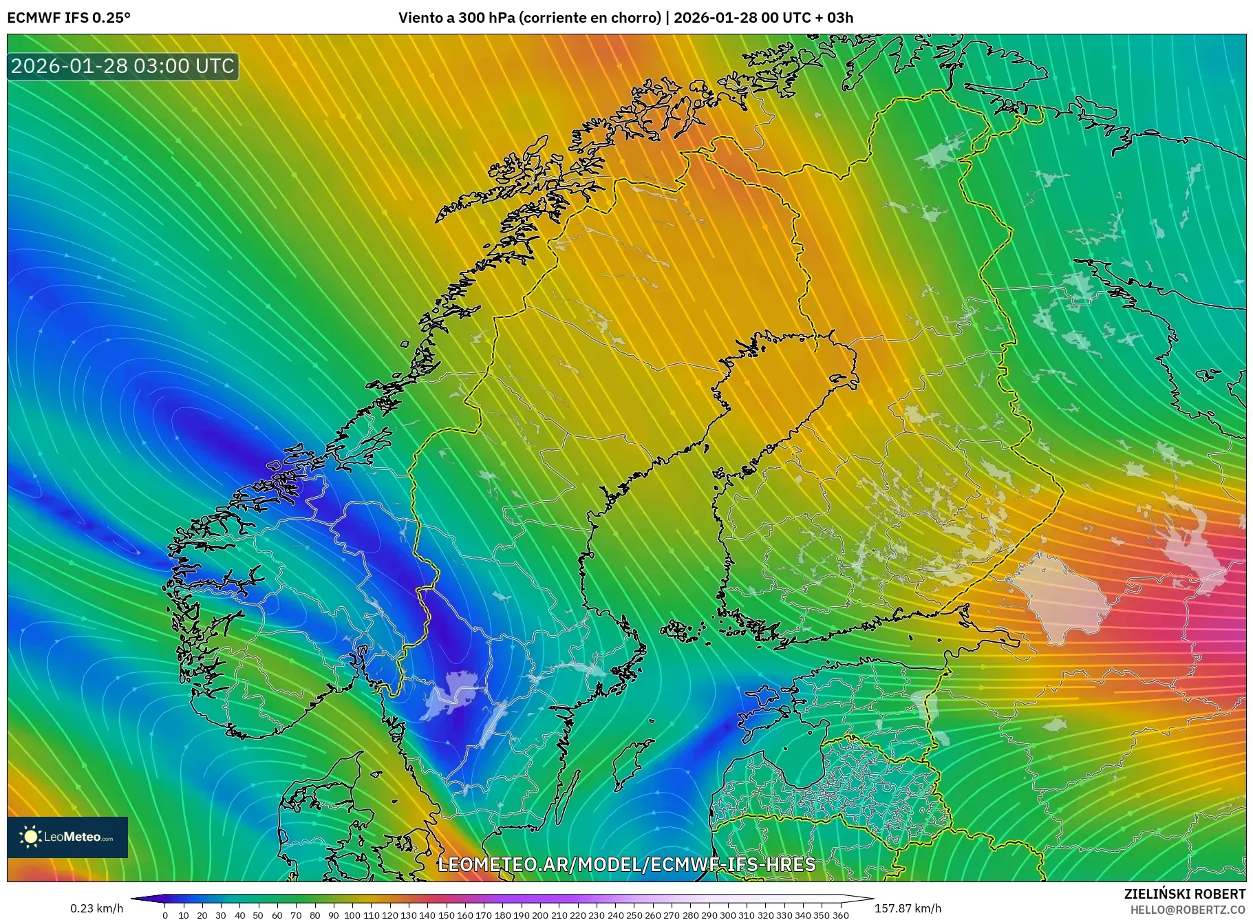 ECMWF IFS 0.25° model - Escandinavia, Viento a 300 hPa (corriente en chorro)