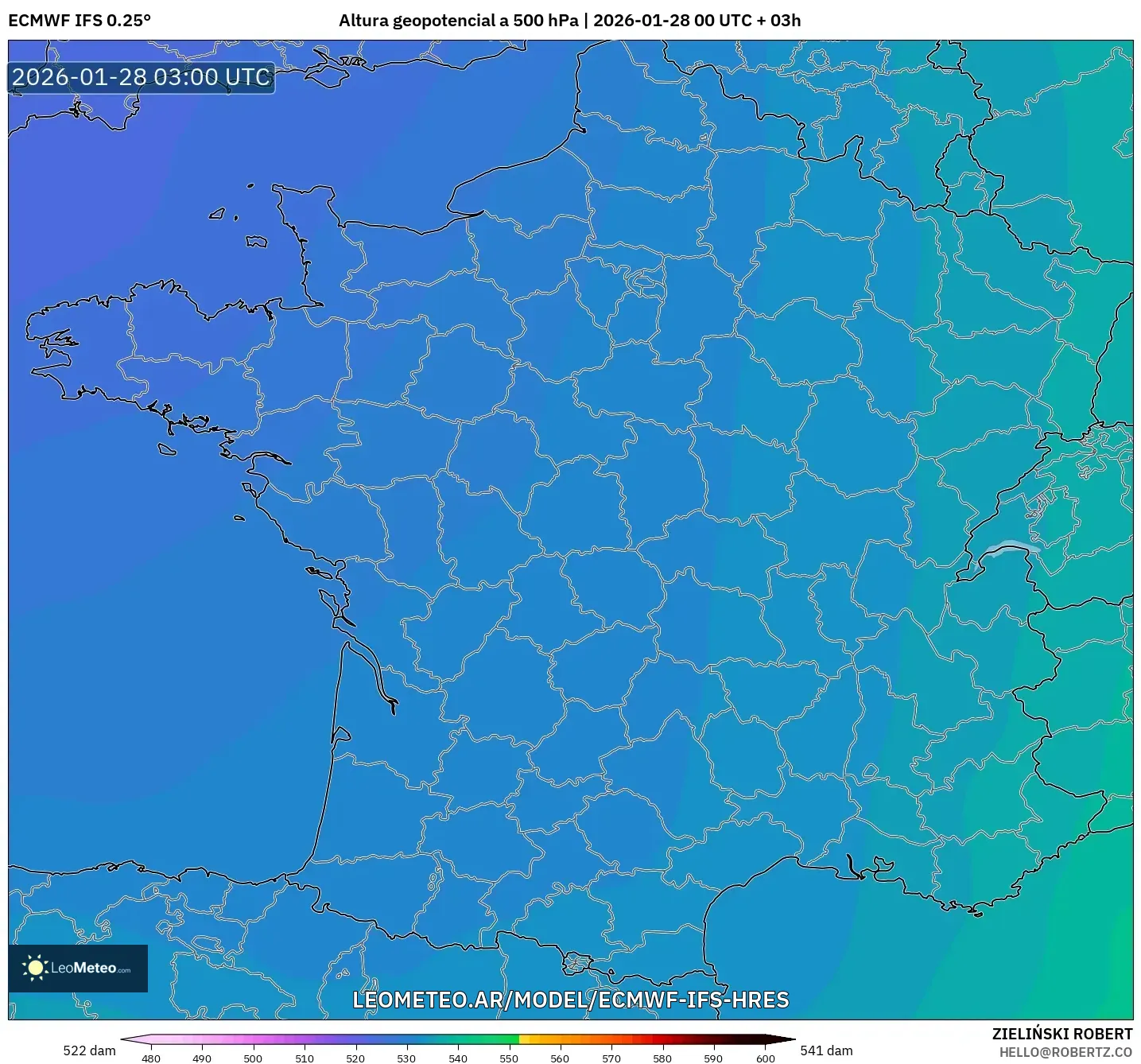 ECMWF IFS 0.25° model - Francia, Altura geopotencial a 500 hPa
