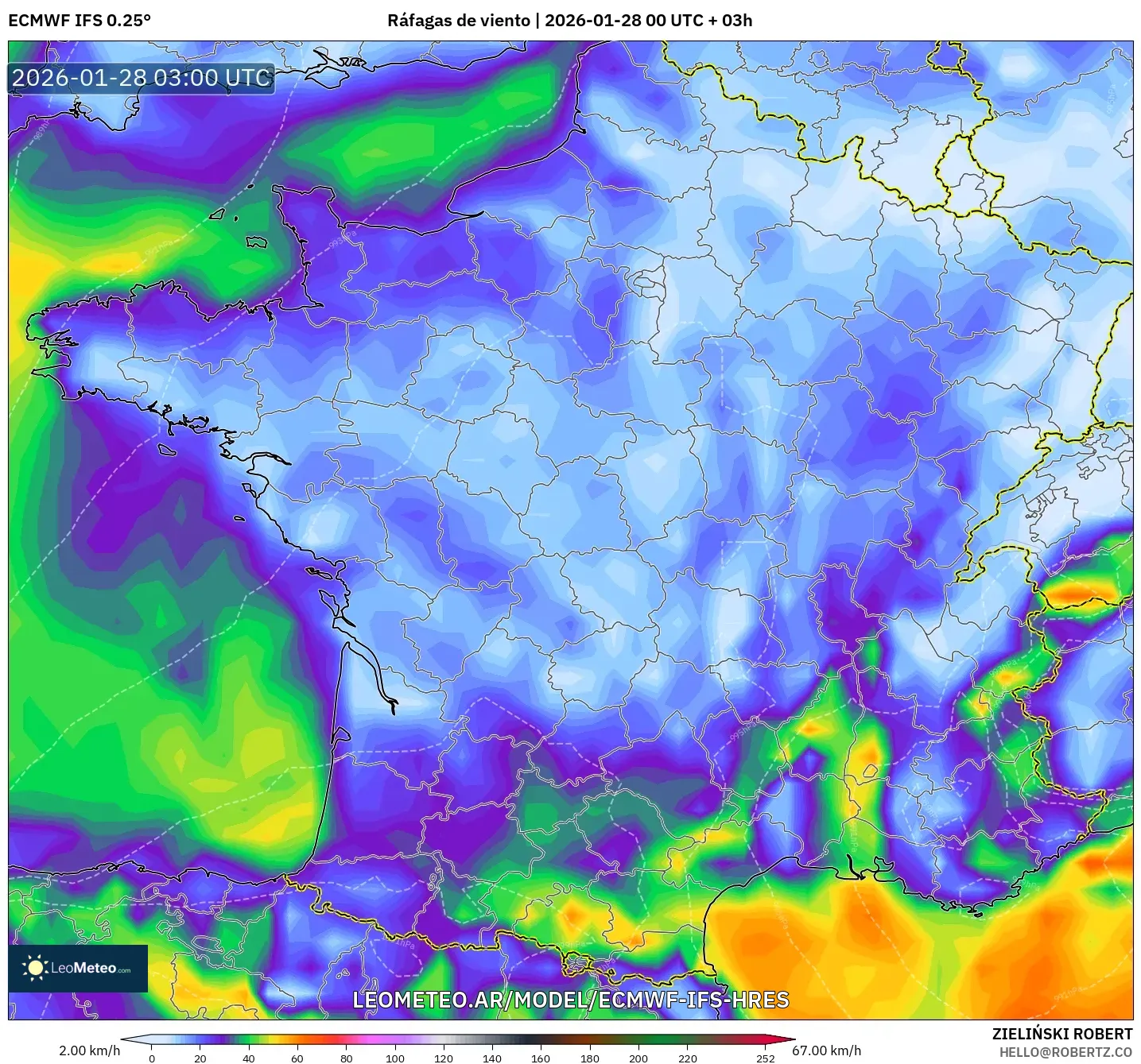 ECMWF IFS 0.25° model - Francia, Ráfagas de viento