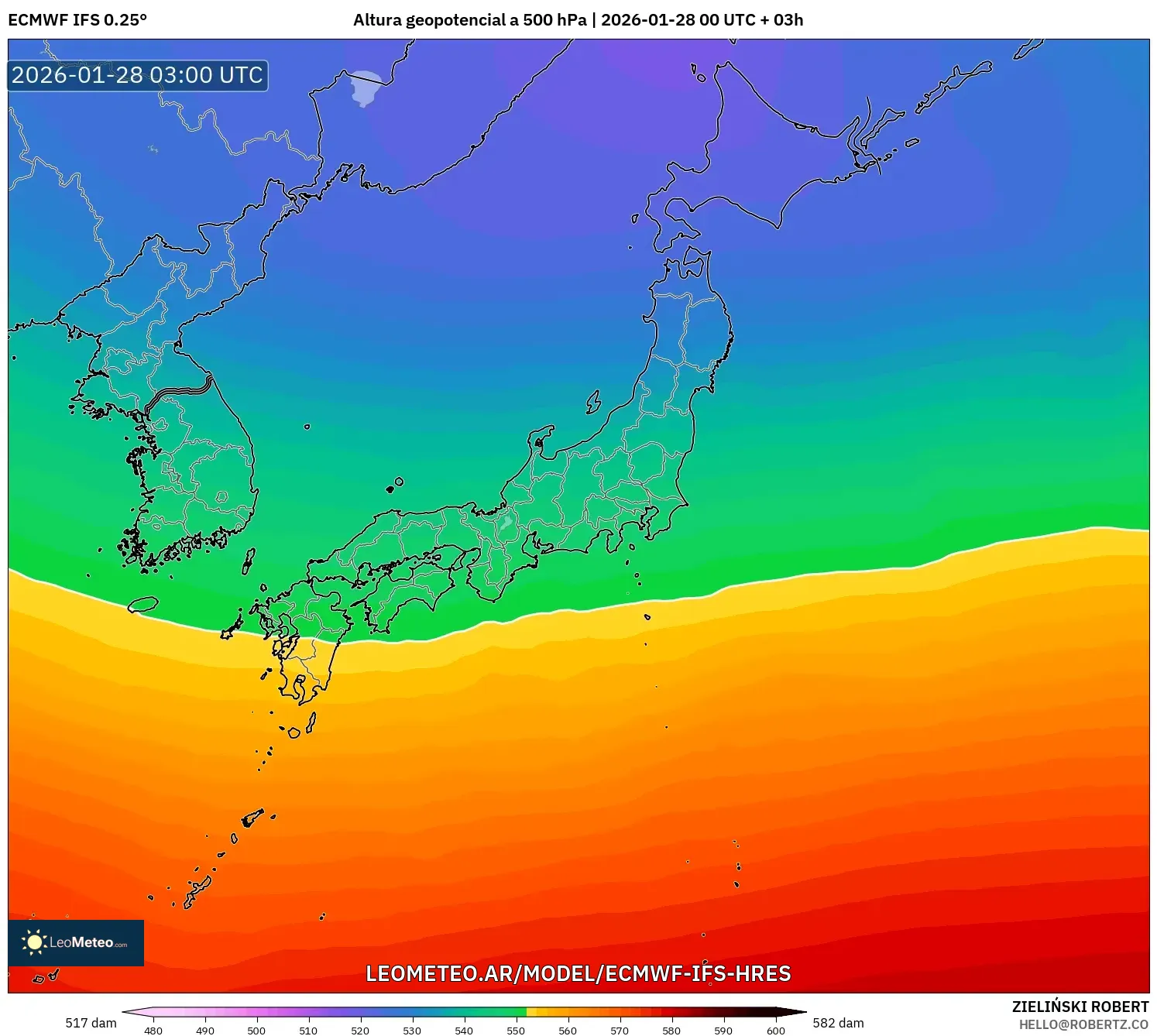ECMWF IFS 0.25° model - Japón, Altura geopotencial a 500 hPa