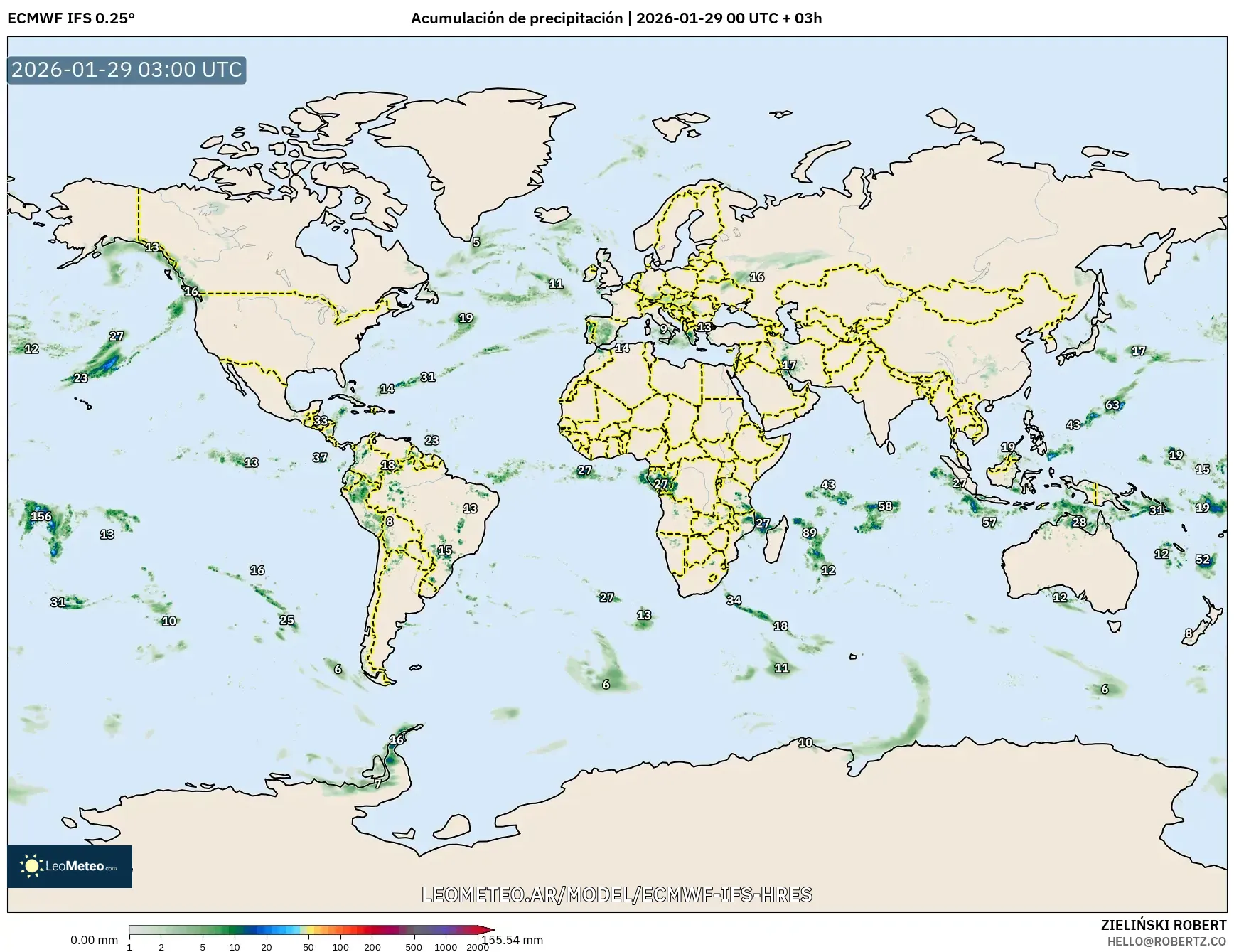 ECMWF IFS 0.25° model - Mundo, Acumulación de precipitación