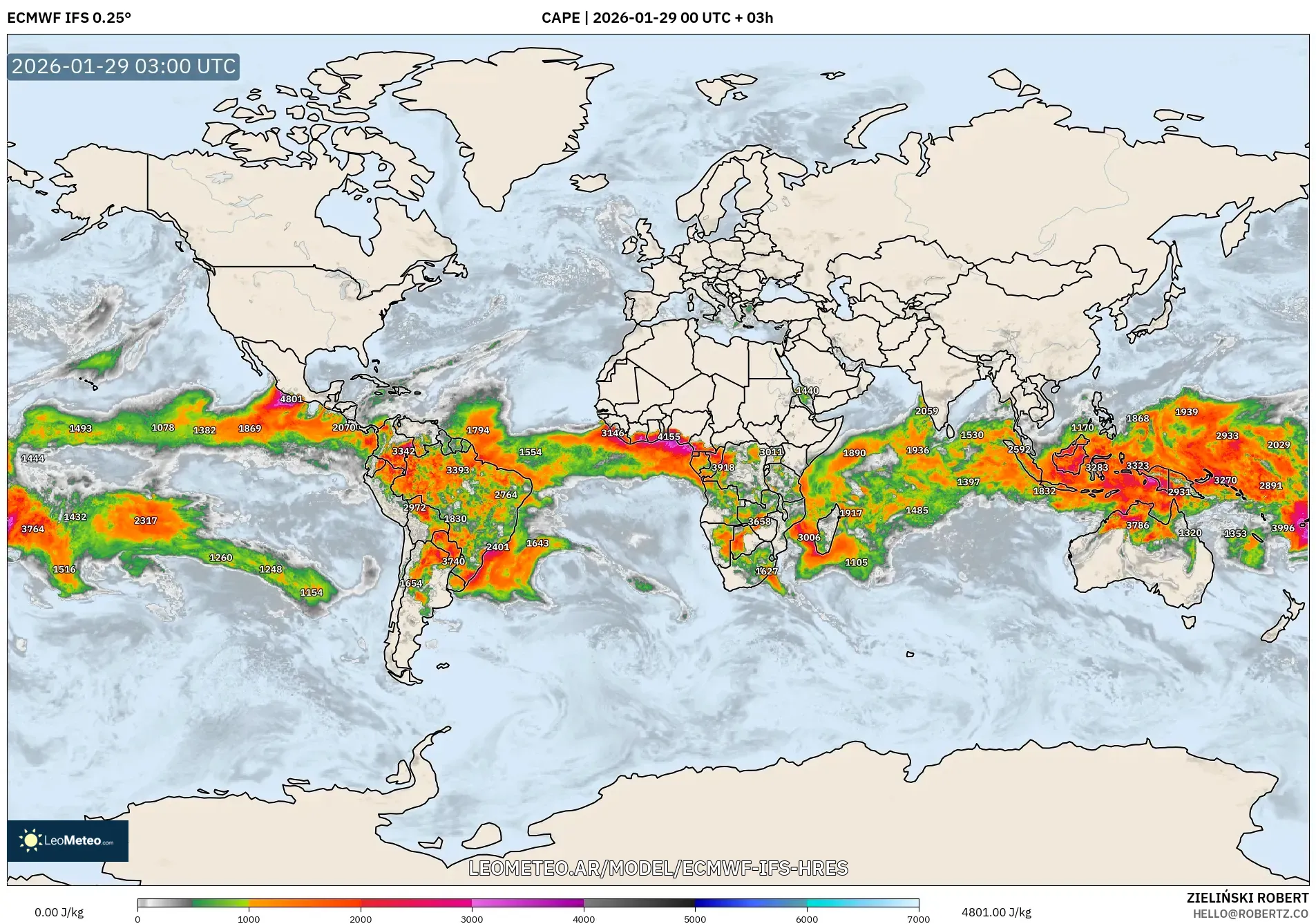 ECMWF IFS 0.25° model - Mundo, CAPE