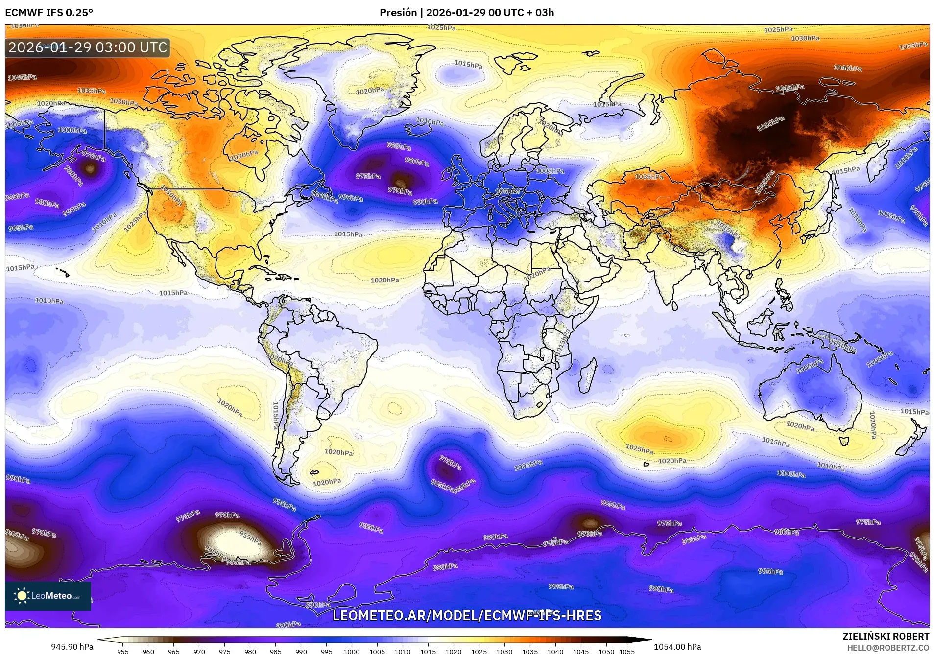 ECMWF IFS 0.25° model - Mundo, Presión
