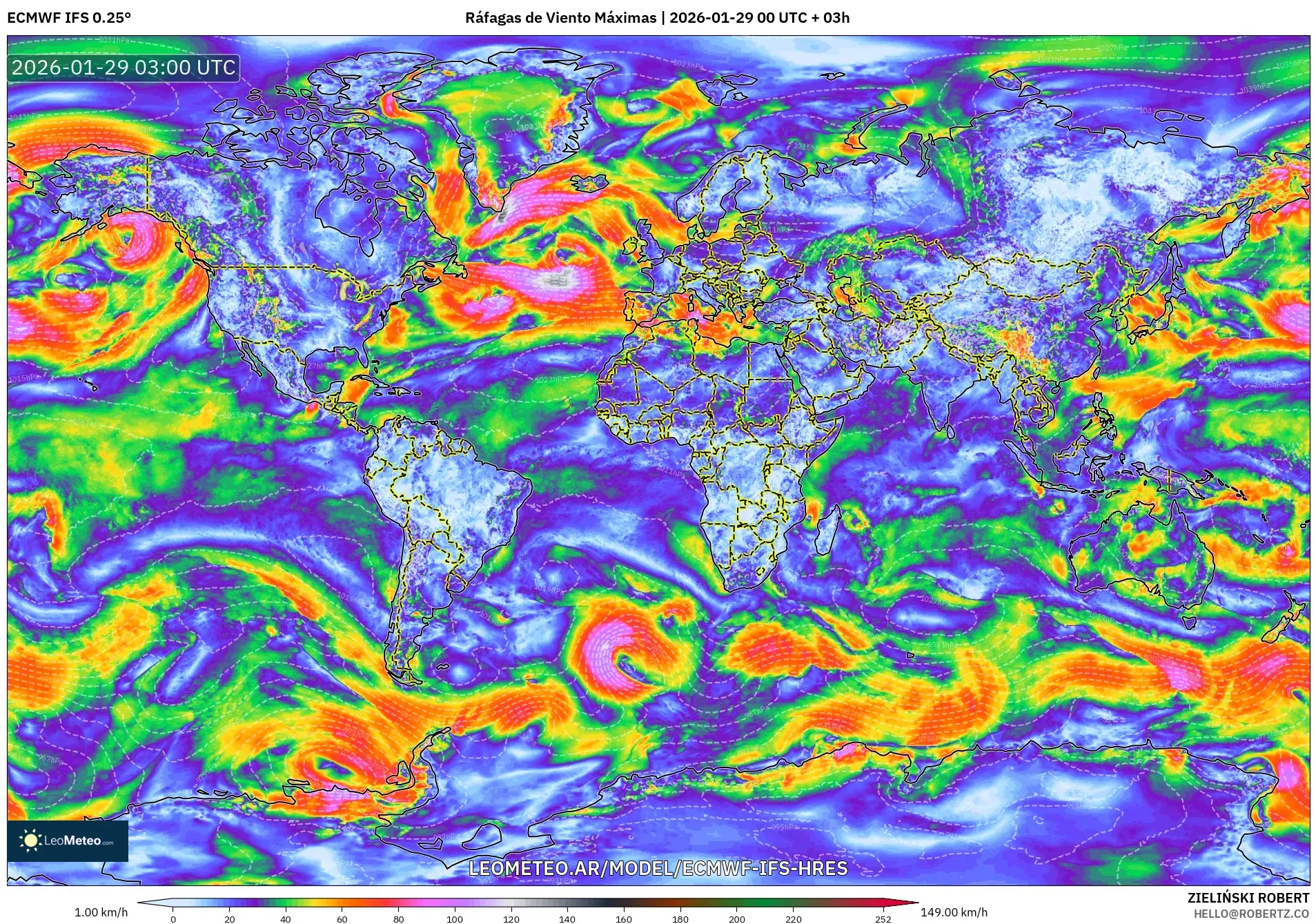 ECMWF IFS 0.25° model - Mundo, Ráfagas de Viento Máximas