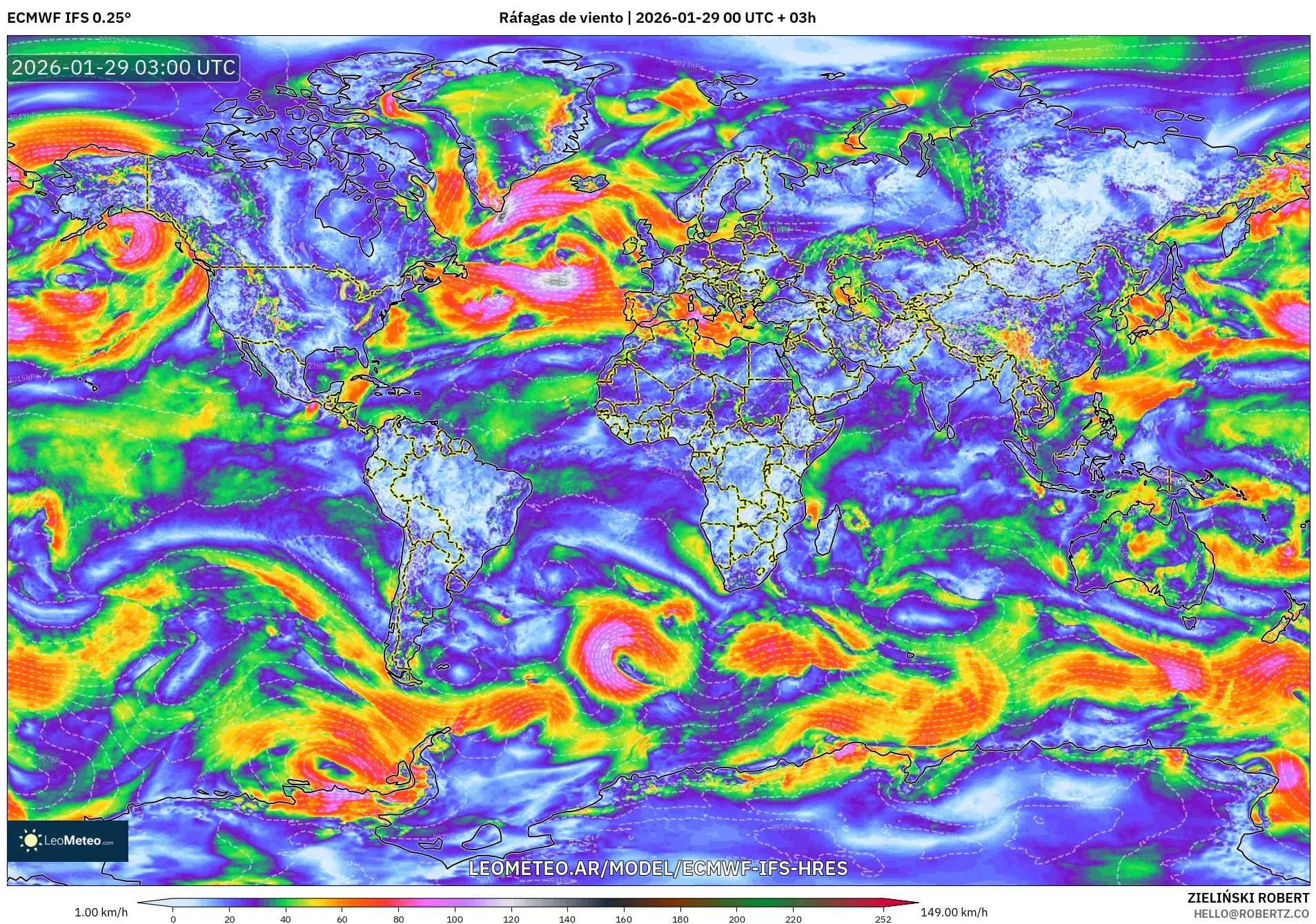 ECMWF IFS 0.25° model - Mundo, Ráfagas de viento