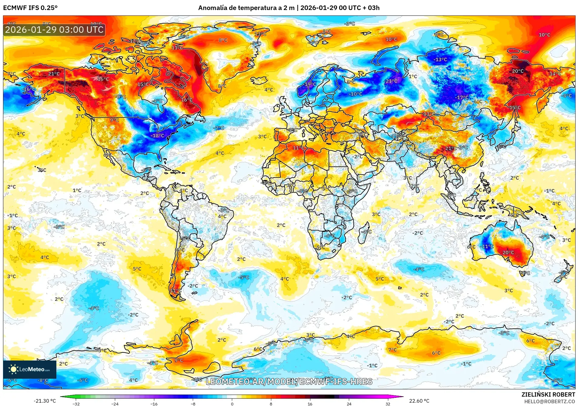 ECMWF IFS 0.25° model - Mundo, Anomalía de temperatura a 2 m