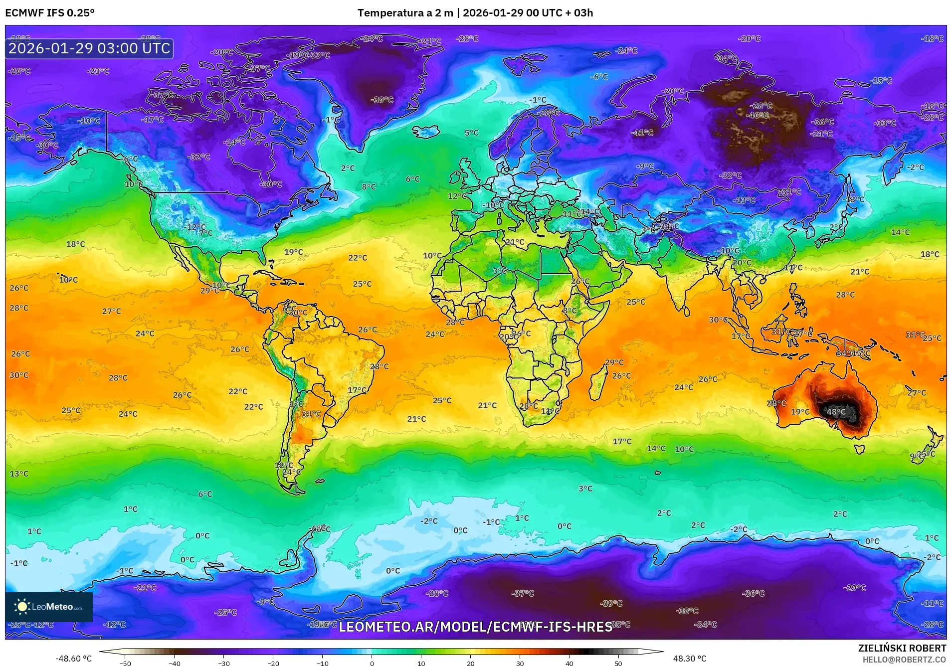 ECMWF IFS 0.25° model - Mundo, Temperatura a 2 m