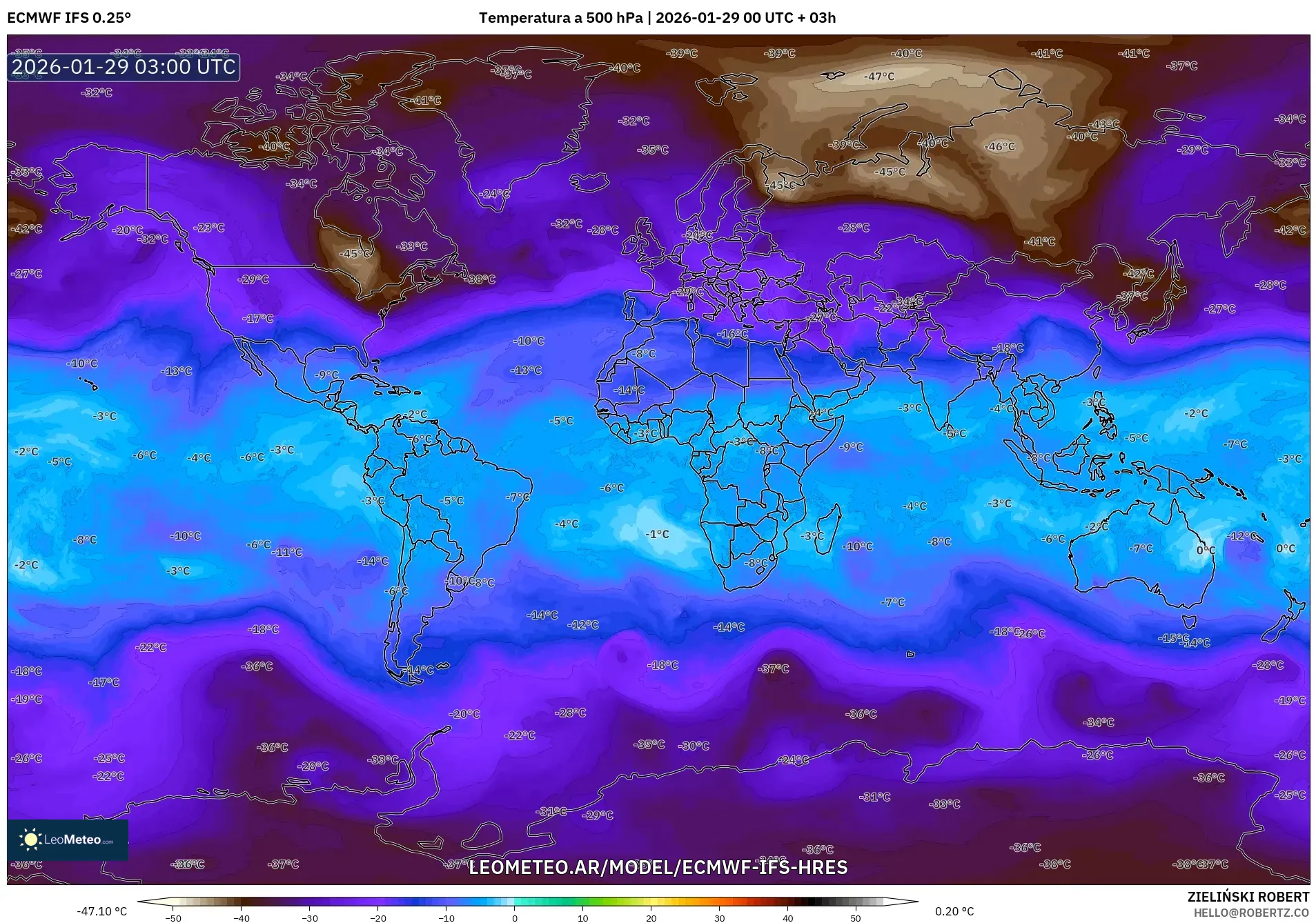 ECMWF IFS 0.25° model - Mundo, Temperatura a 500 hPa
