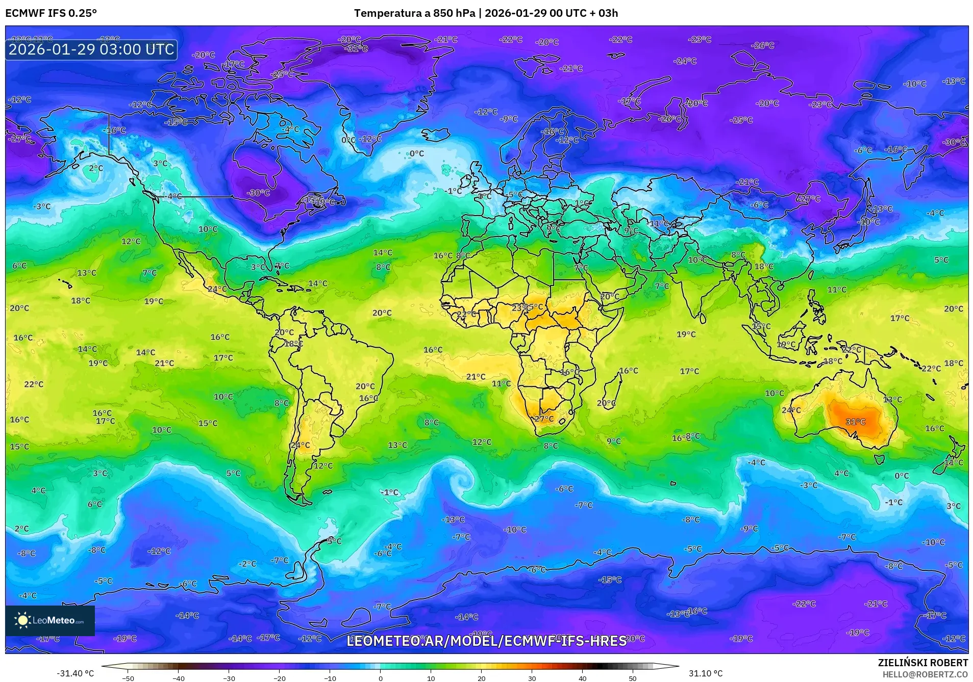ECMWF IFS 0.25° model - Mundo, Temperatura a 850 hPa