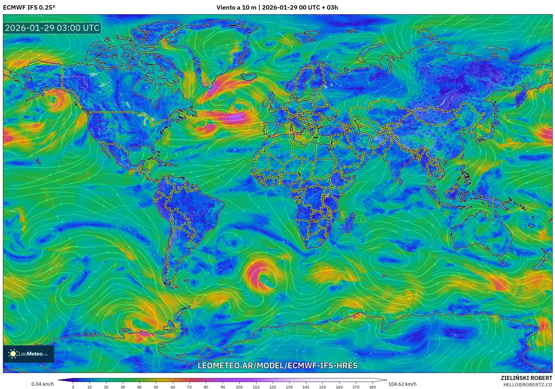 ECMWF IFS 0.25° model - Mundo, Viento a 10 m