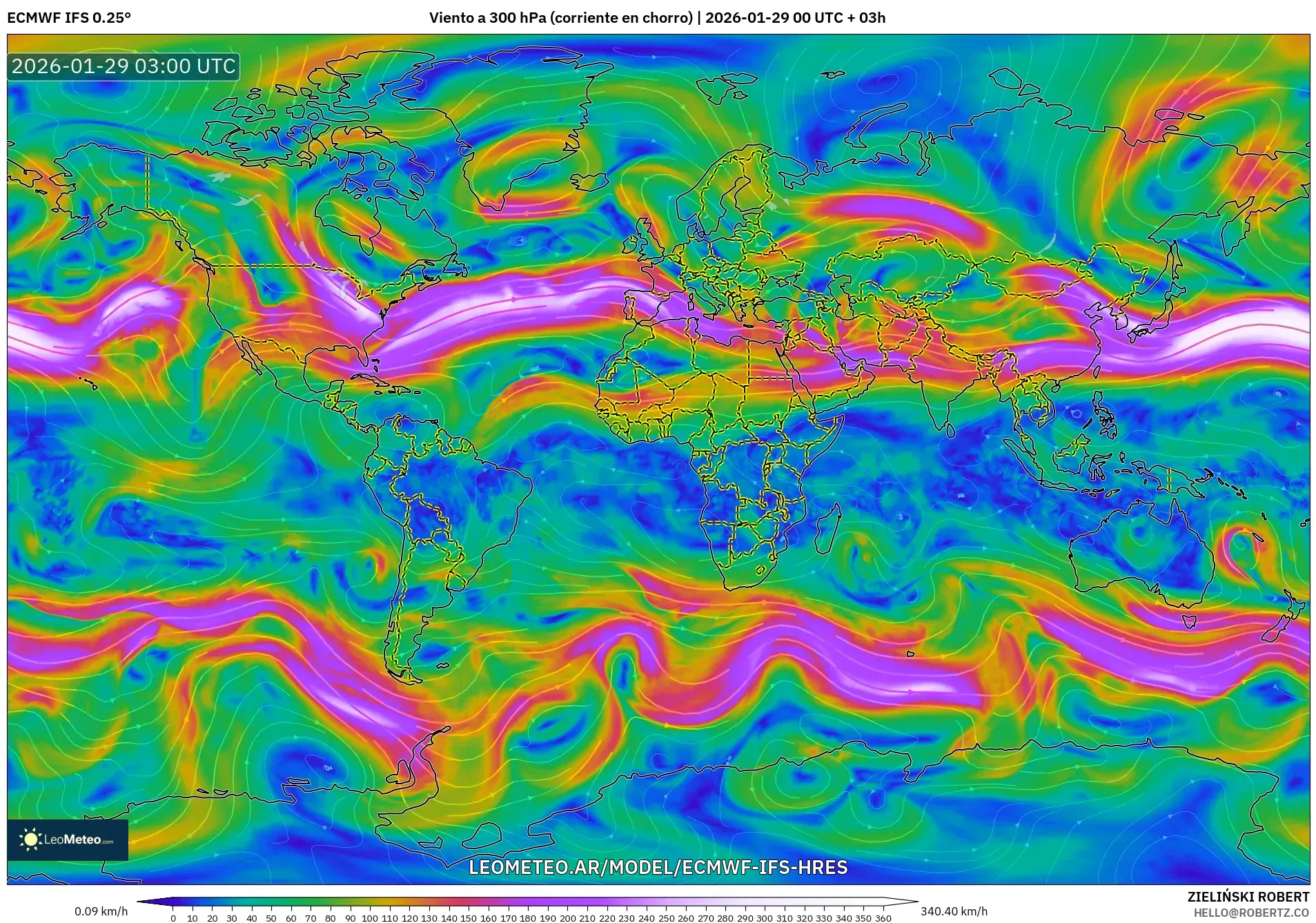 ECMWF IFS 0.25° model - Mundo, Viento a 300 hPa (corriente en chorro)