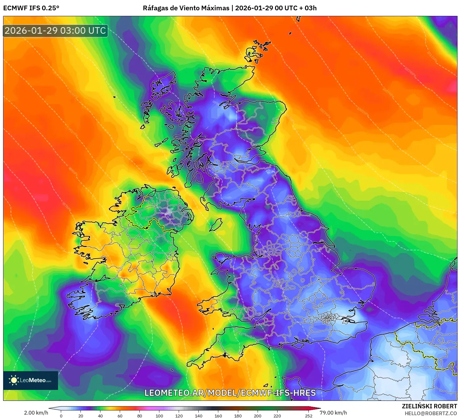 ECMWF IFS 0.25° model - Reino Unido, Ráfagas de Viento Máximas