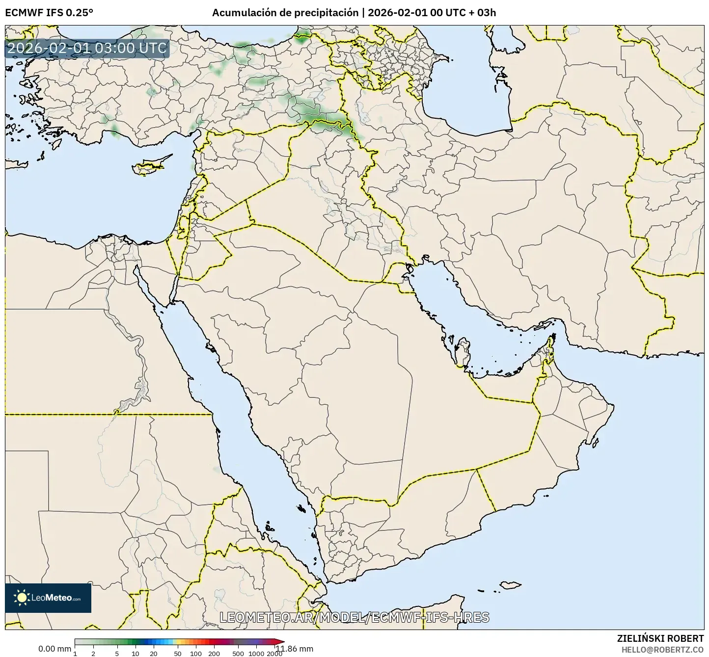 ECMWF IFS 0.25° model - Oriente Medio, Acumulación de precipitación
