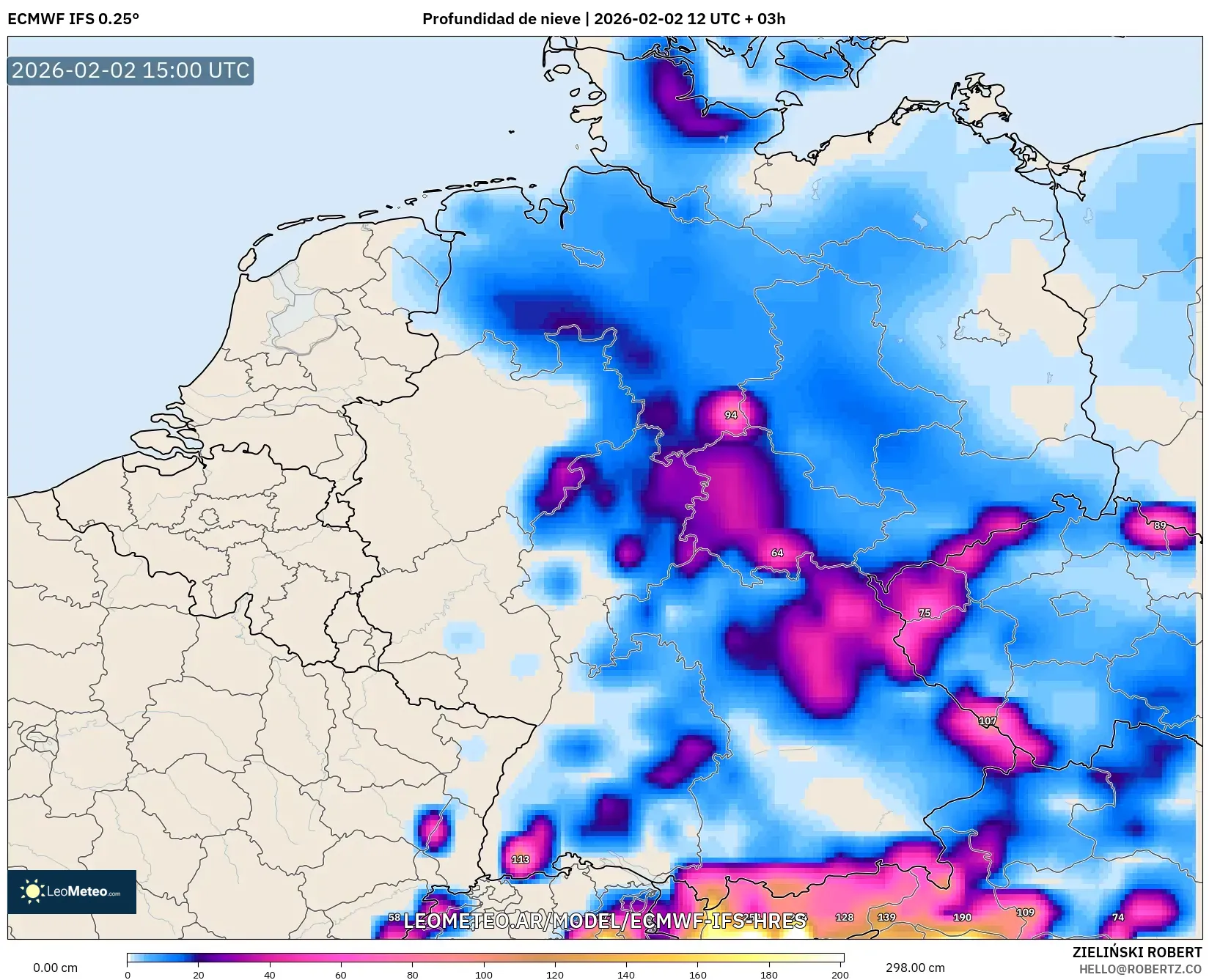 ECMWF IFS 0.25° model - Alemania, Profundidad de nieve
