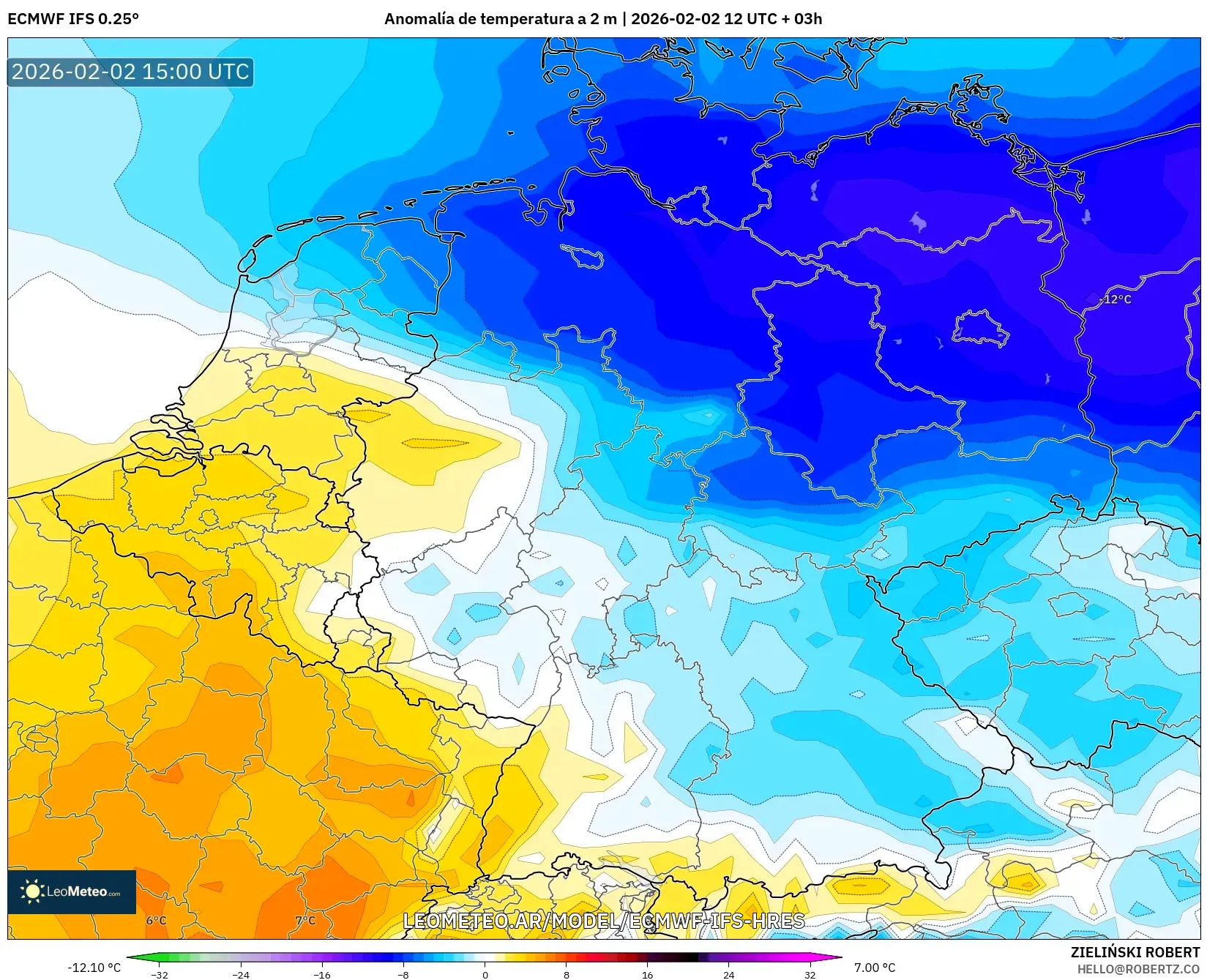 ECMWF IFS 0.25° model - Alemania, Anomalía de temperatura a 2 m