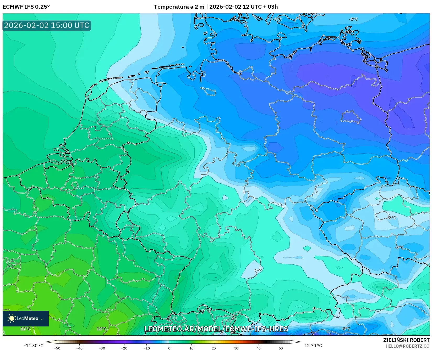 ECMWF IFS 0.25° model - Alemania, Temperatura a 2 m