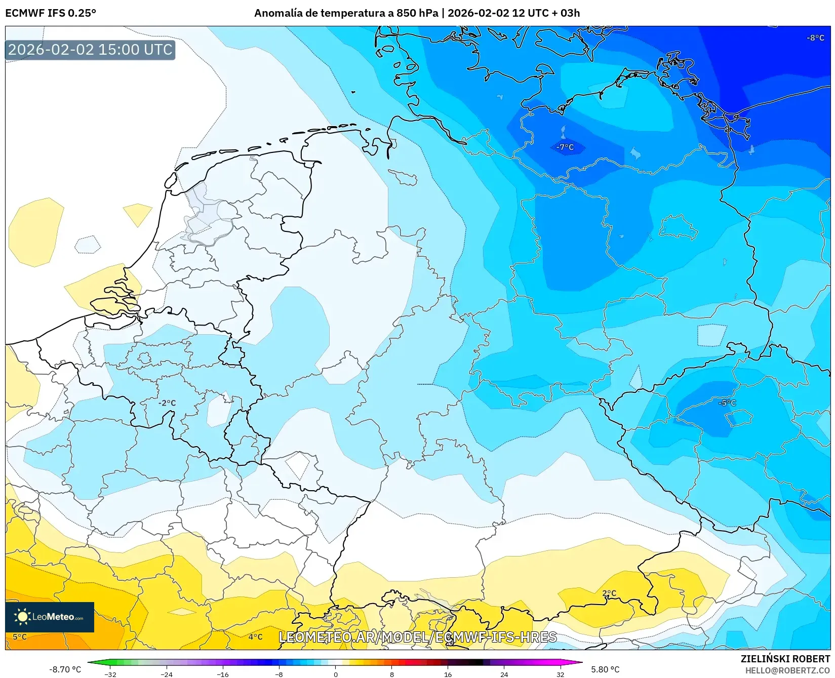 ECMWF IFS 0.25° model - Alemania, Anomalía de temperatura a 850 hPa