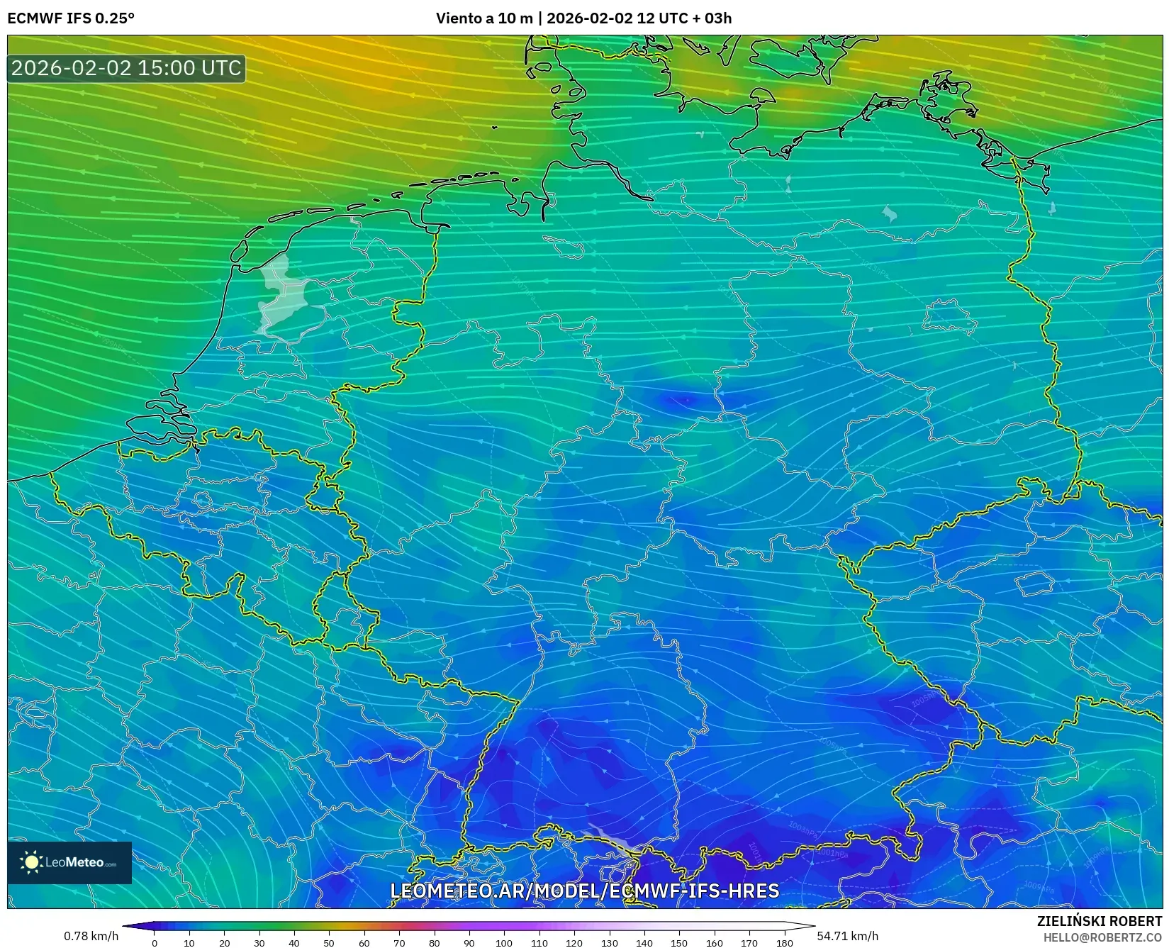 ECMWF IFS 0.25° model - Alemania, Viento a 10 m