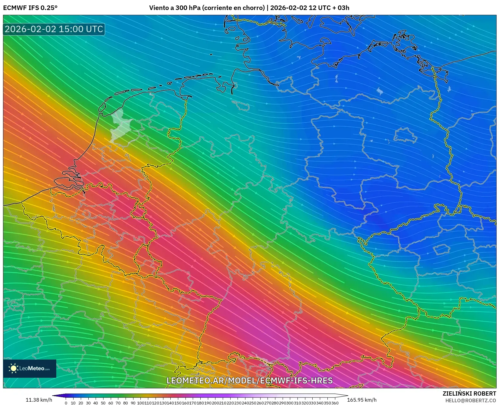 ECMWF IFS 0.25° model - Alemania, Viento a 300 hPa (corriente en chorro)