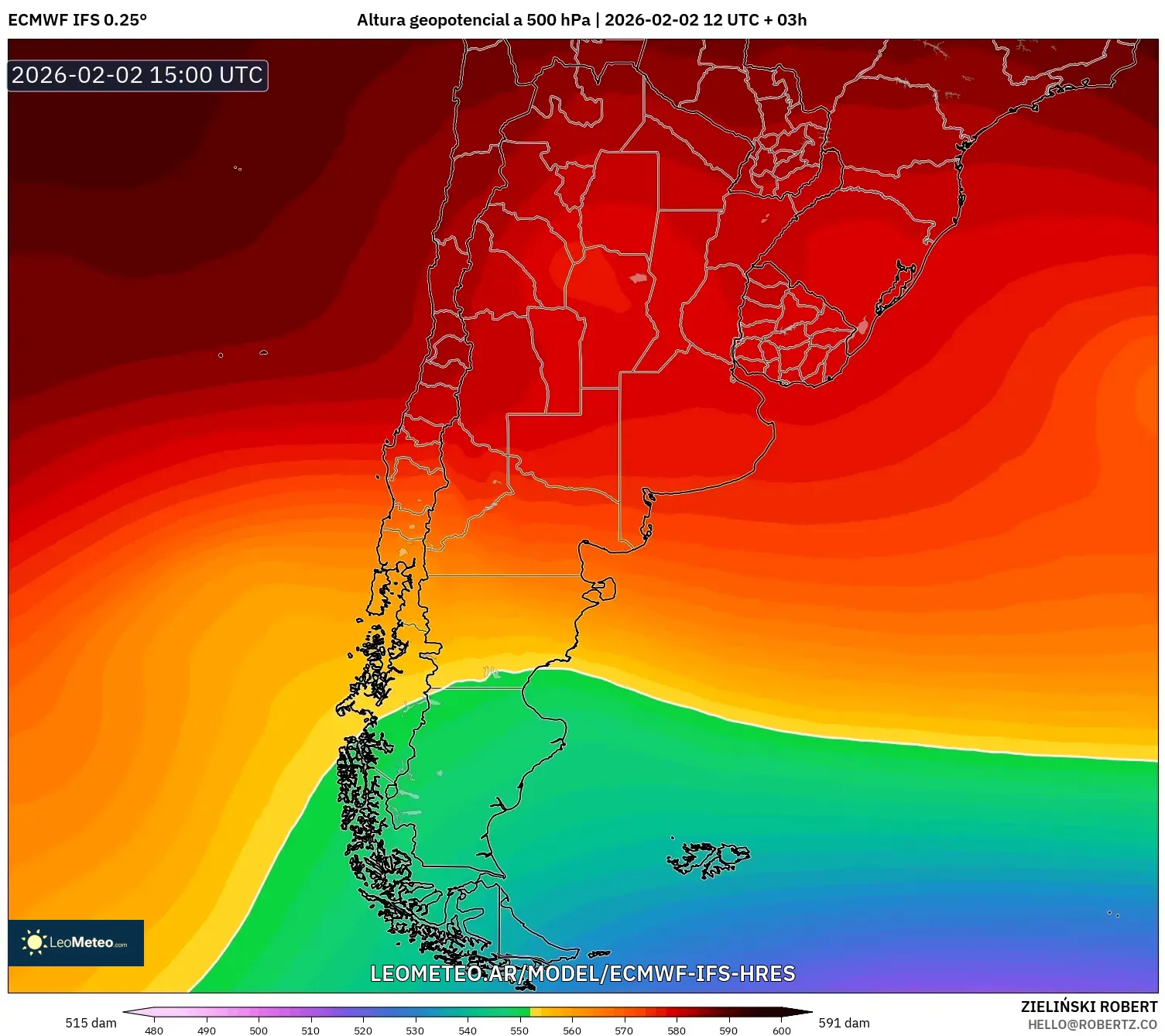 ECMWF IFS 0.25° model - Argentina, Altura geopotencial a 500 hPa