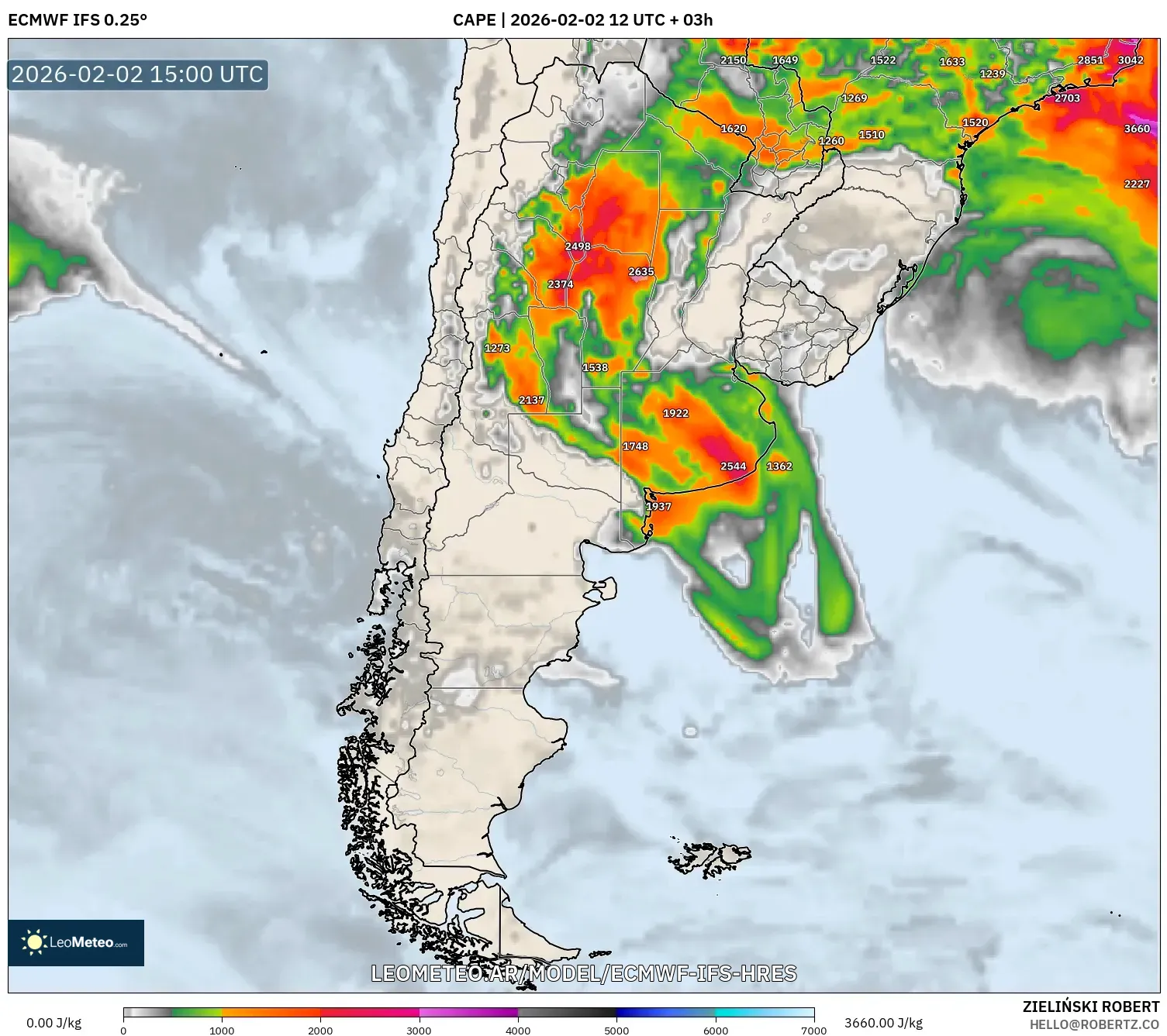 ECMWF IFS 0.25° model - Argentina, CAPE