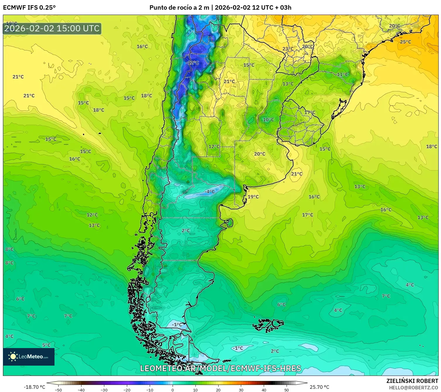 ECMWF IFS 0.25° model - Argentina, Punto de rocío a 2 m