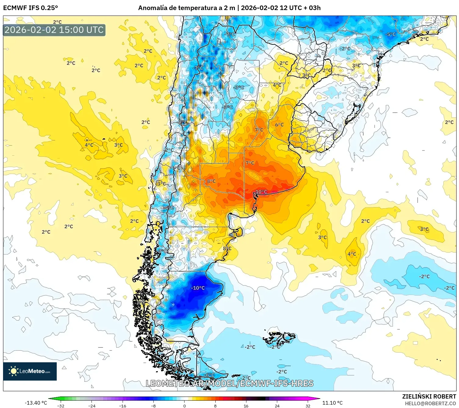 ECMWF IFS 0.25° model - Argentina, Anomalía de temperatura a 2 m