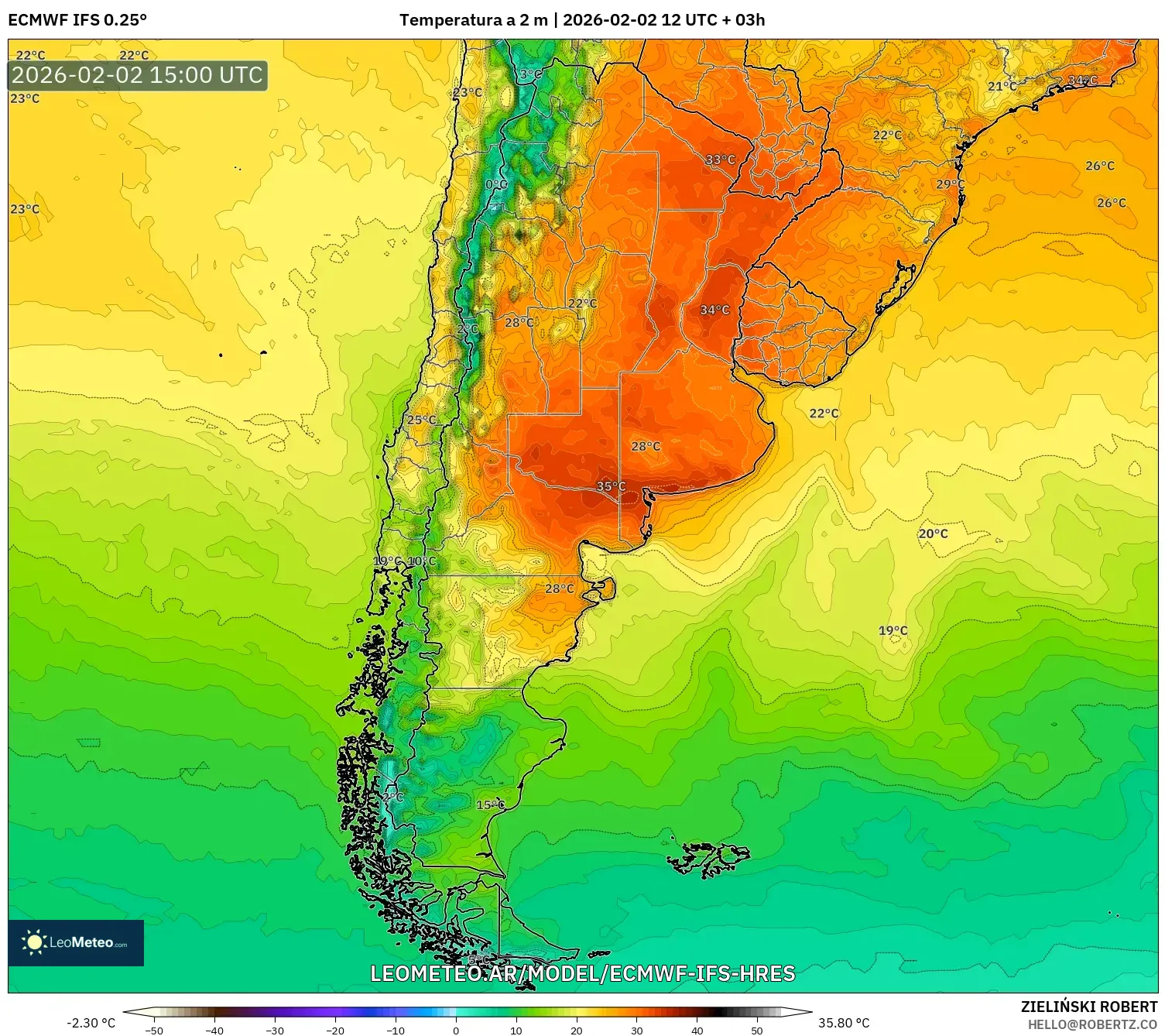ECMWF IFS 0.25° model - Argentina, Temperatura a 2 m