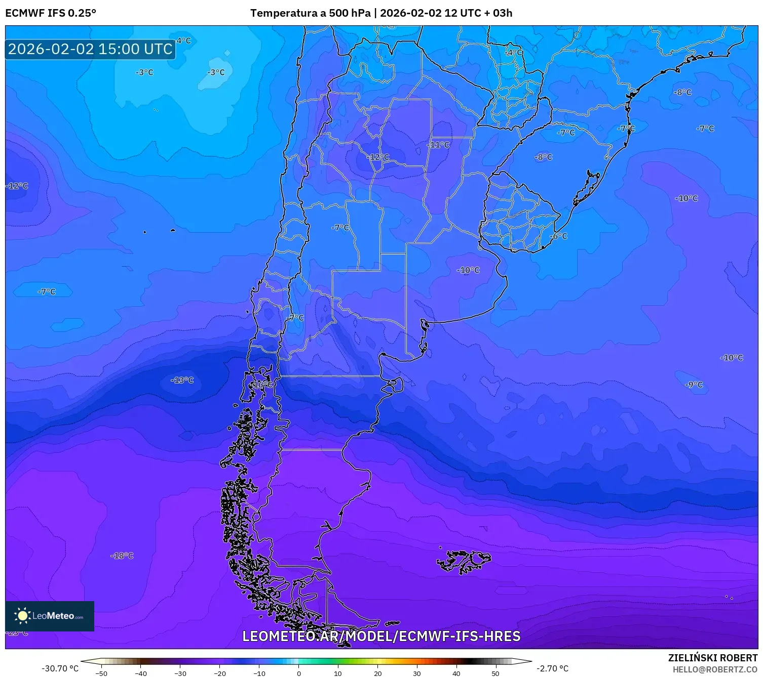 ECMWF IFS 0.25° model - Argentina, Temperatura a 500 hPa