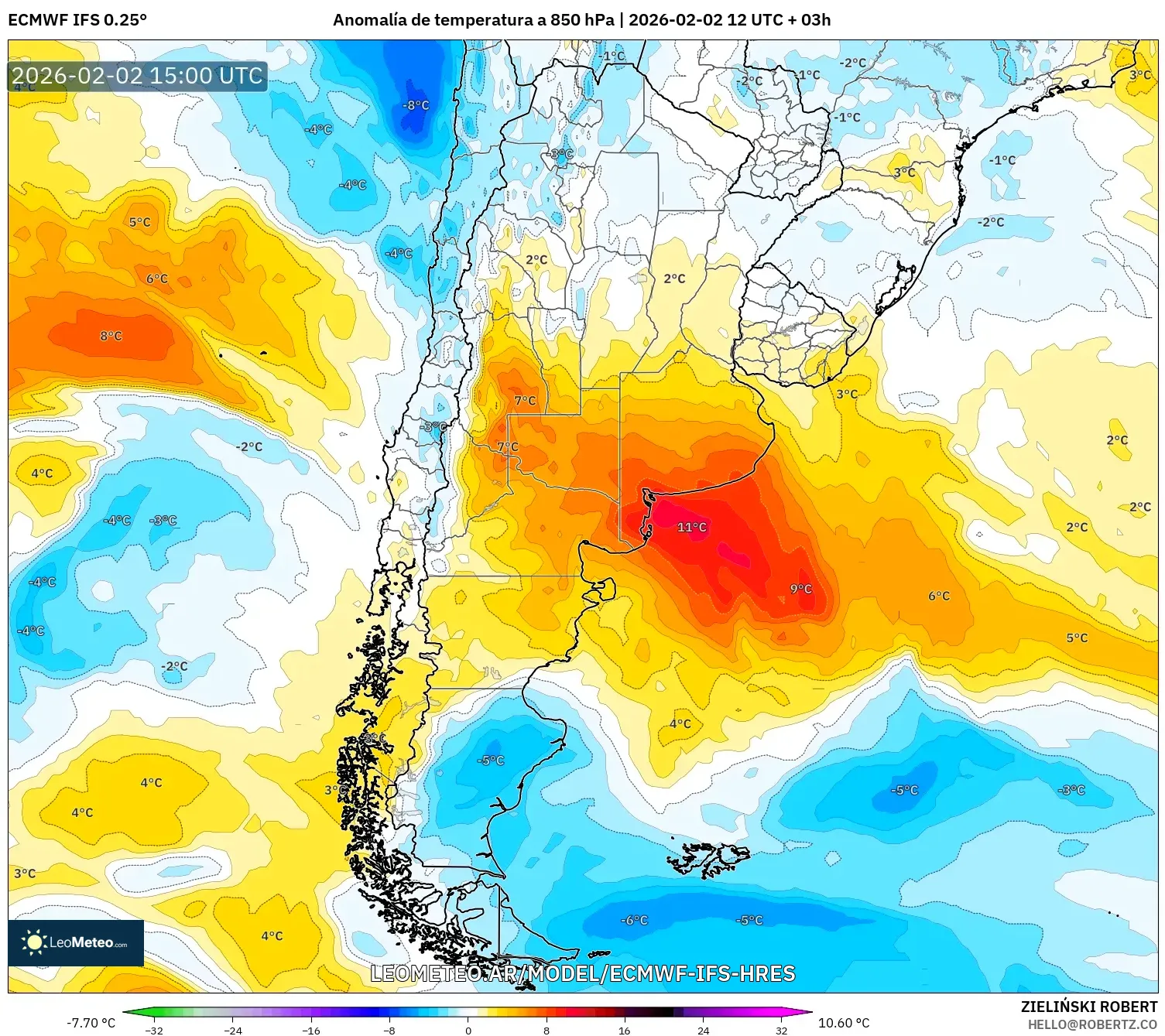 ECMWF IFS 0.25° model - Argentina, Anomalía de temperatura a 850 hPa