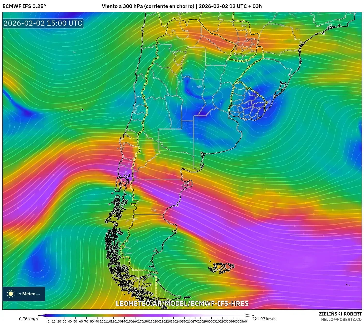 ECMWF IFS 0.25° model - Argentina, Viento a 300 hPa (corriente en chorro)
