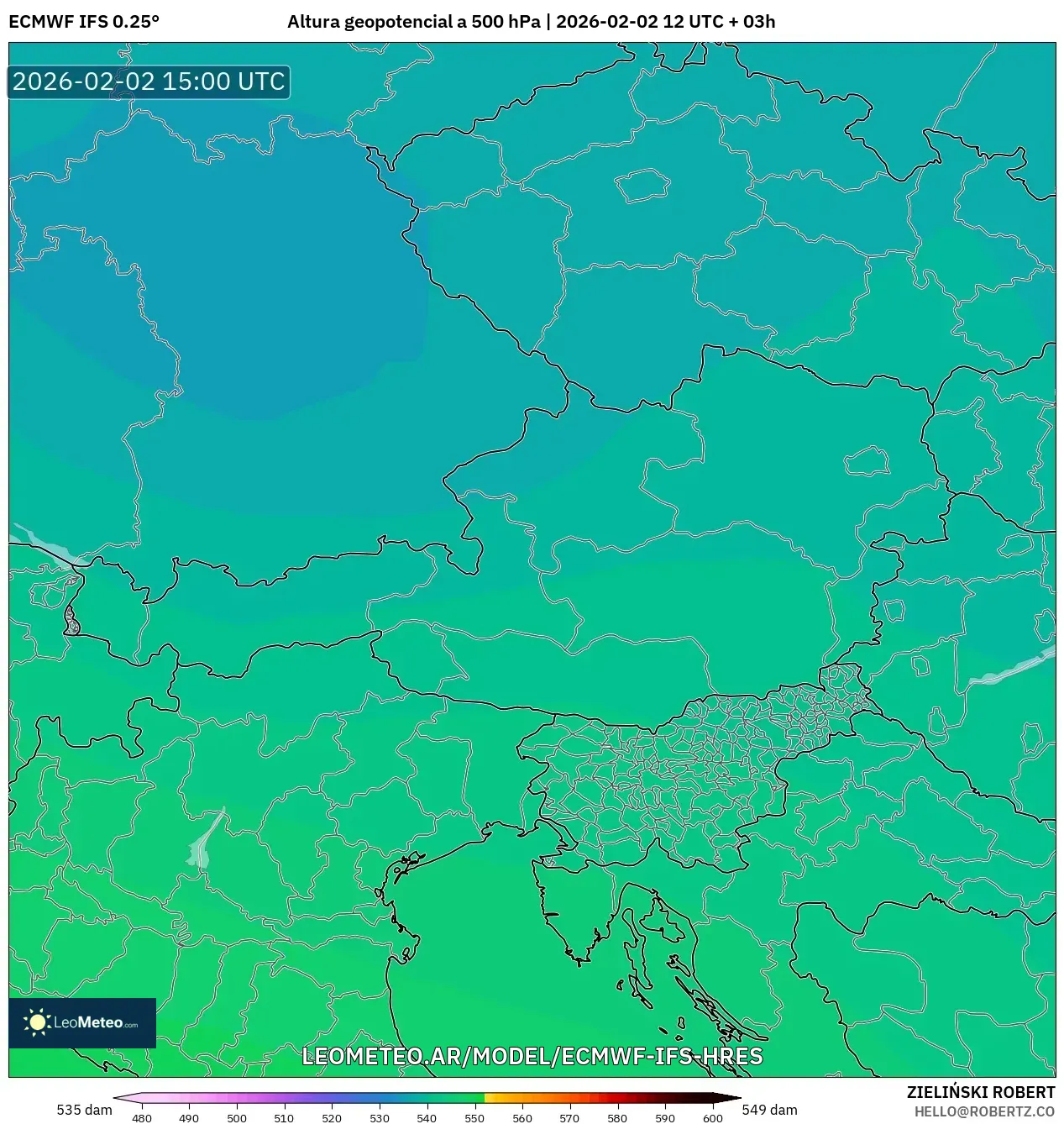 ECMWF IFS 0.25° model - Austria, Altura geopotencial a 500 hPa