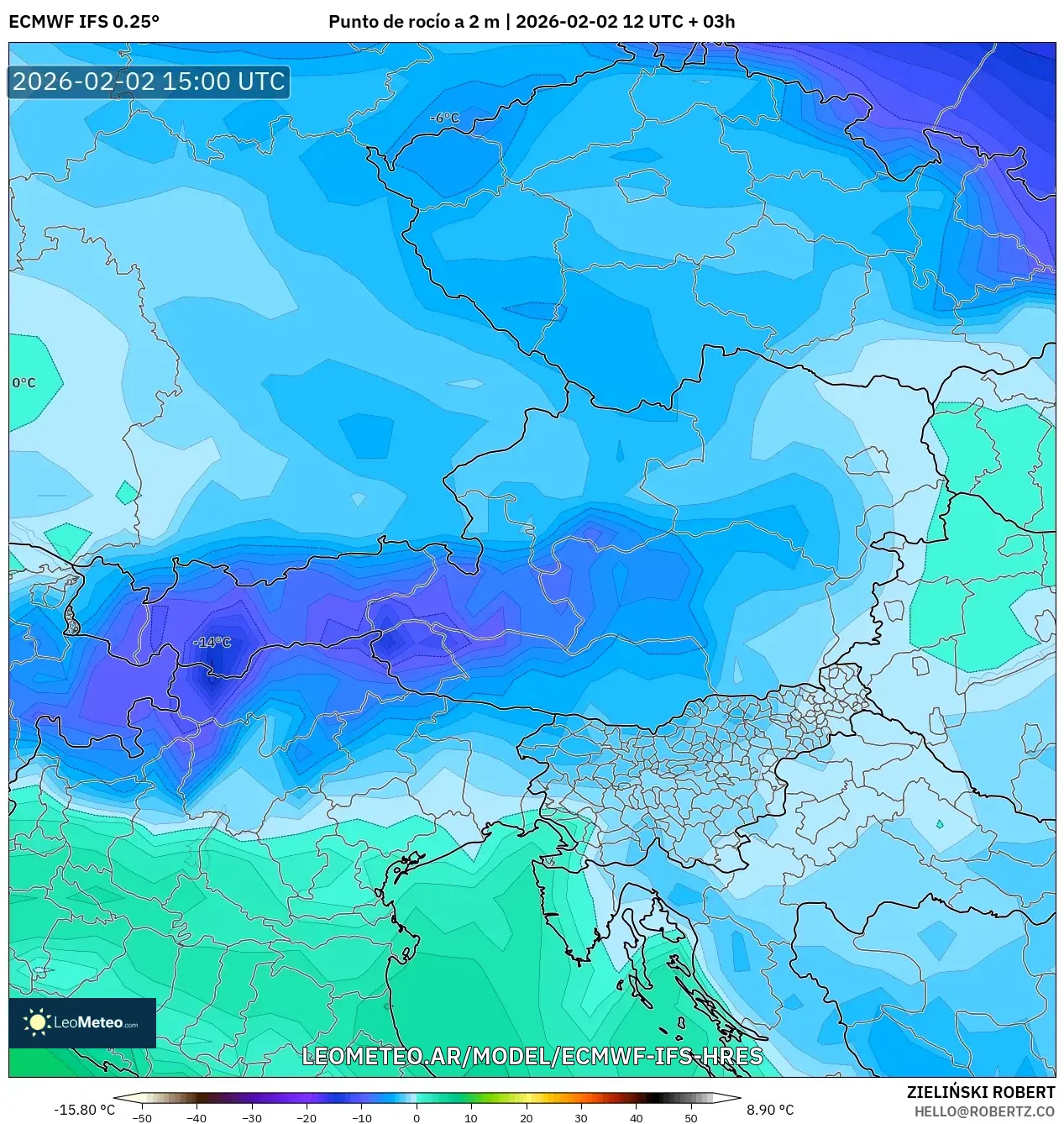 ECMWF IFS 0.25° model - Austria, Punto de rocío a 2 m