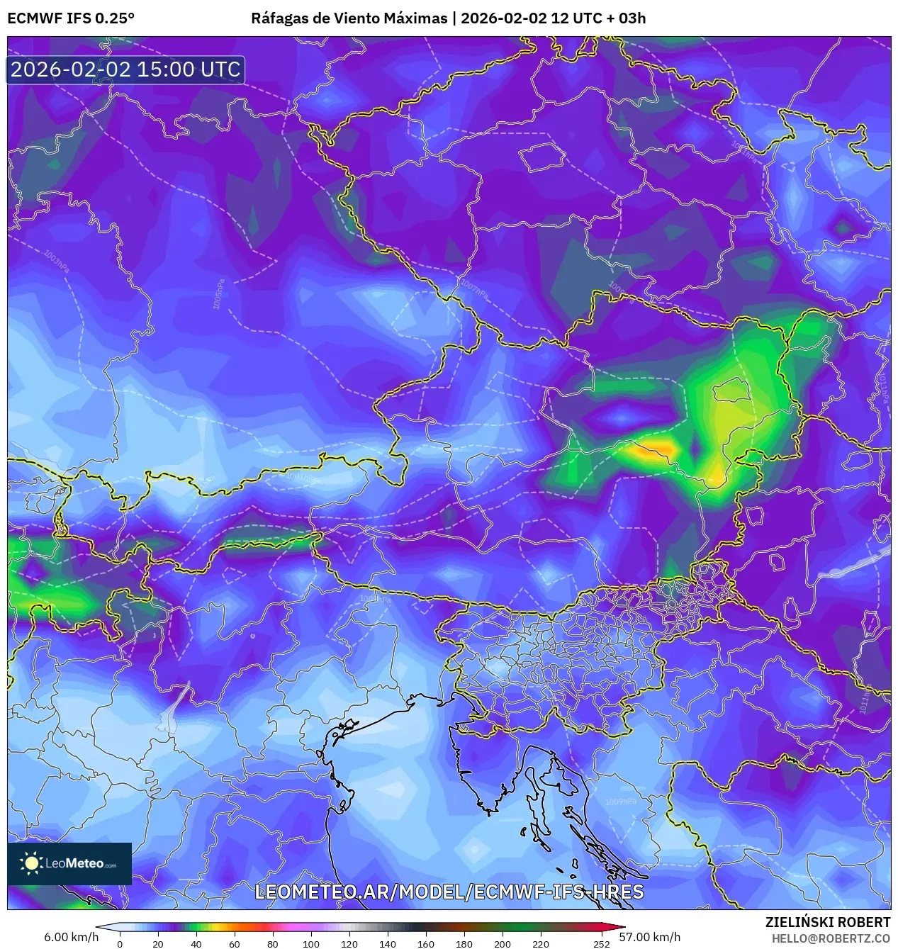 ECMWF IFS 0.25° model - Austria, Ráfagas de Viento Máximas