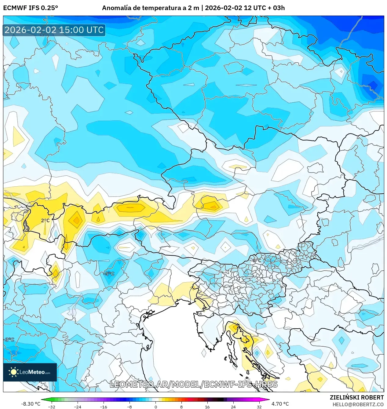 ECMWF IFS 0.25° model - Austria, Anomalía de temperatura a 2 m