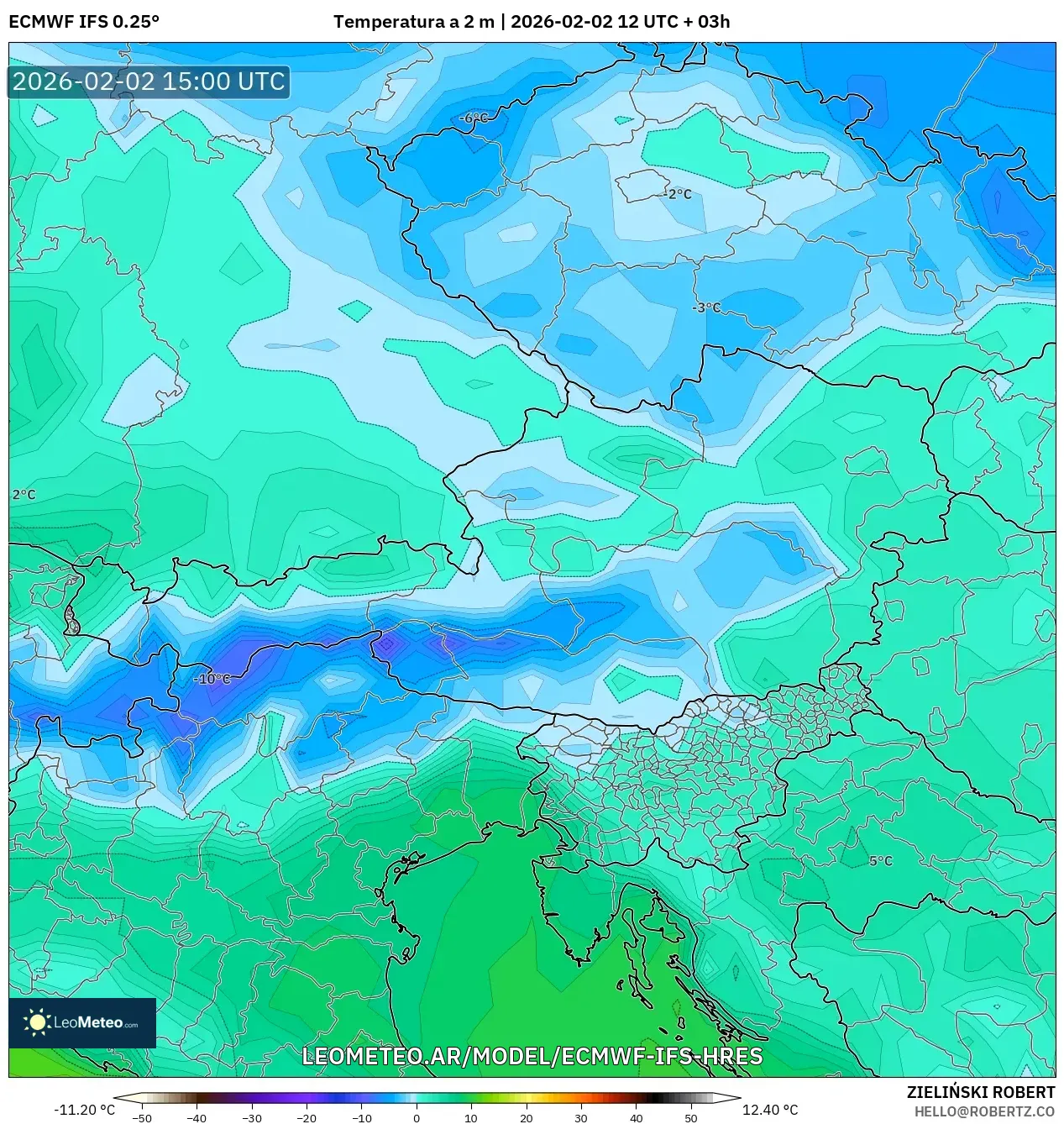 ECMWF IFS 0.25° model - Austria, Temperatura a 2 m