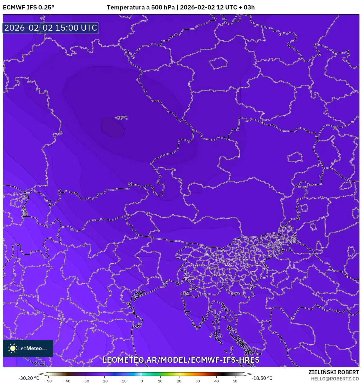 ECMWF IFS 0.25° model - Austria, Temperatura a 500 hPa