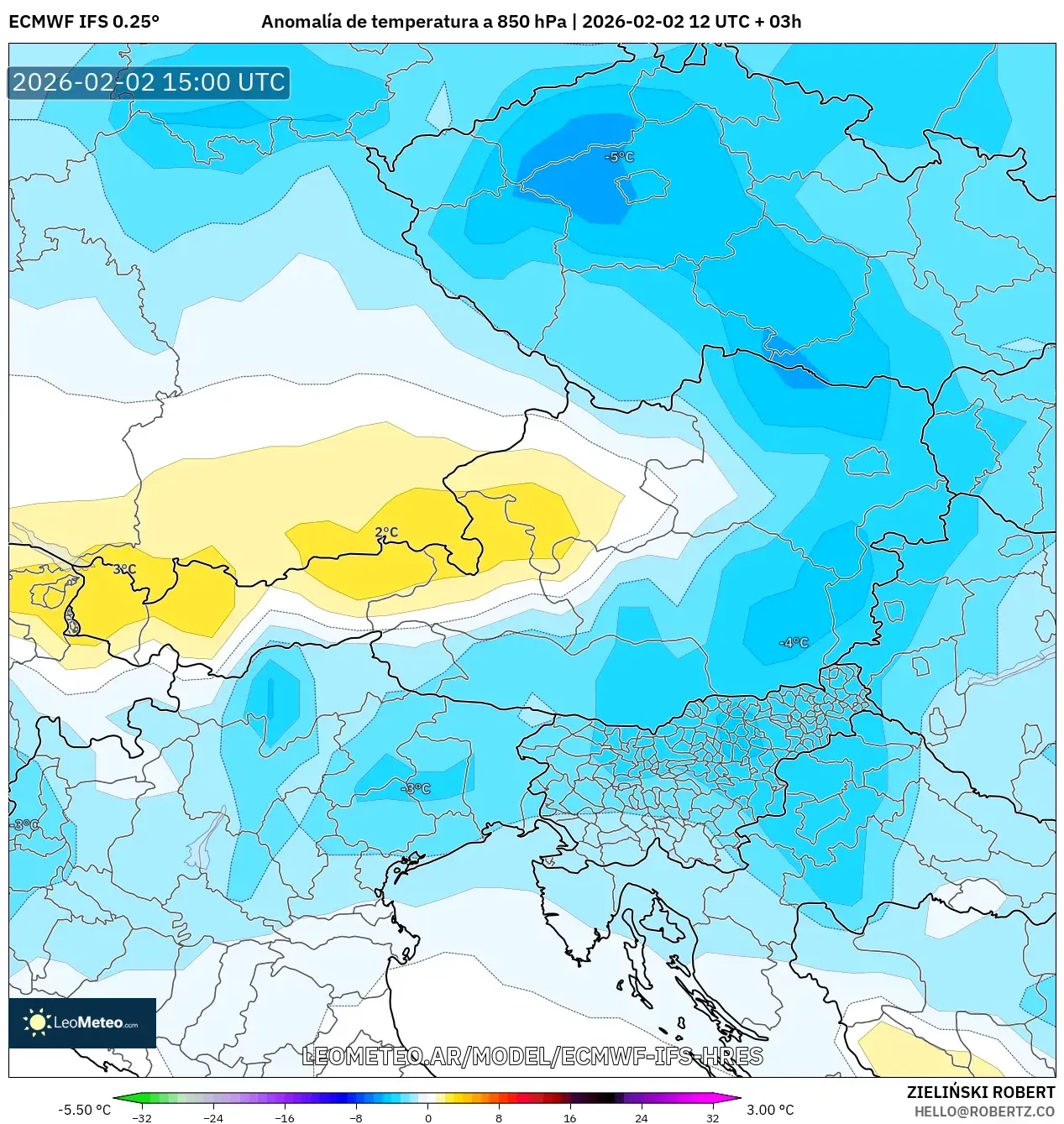 ECMWF IFS 0.25° model - Austria, Anomalía de temperatura a 850 hPa