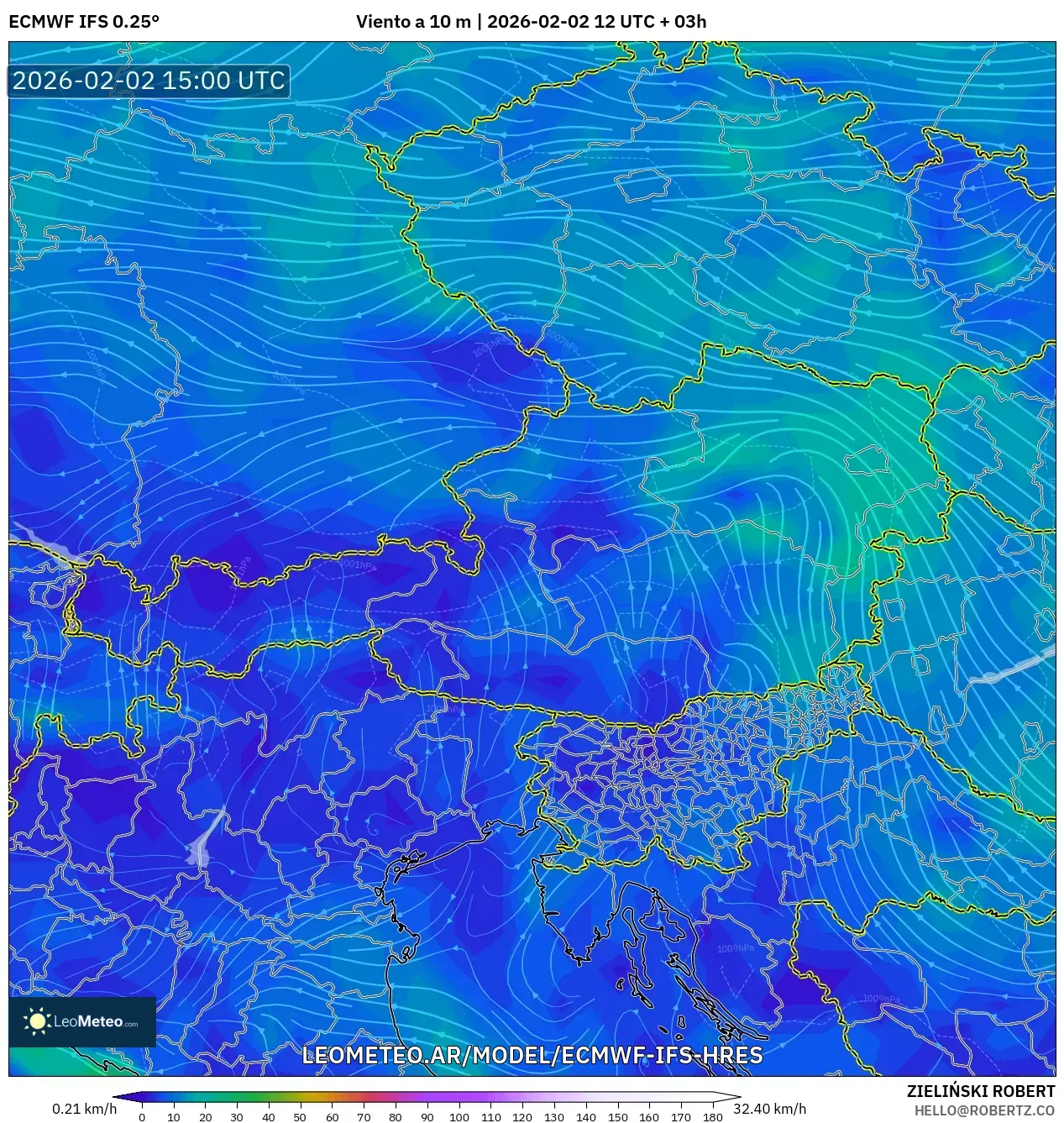 ECMWF IFS 0.25° model - Austria, Viento a 10 m